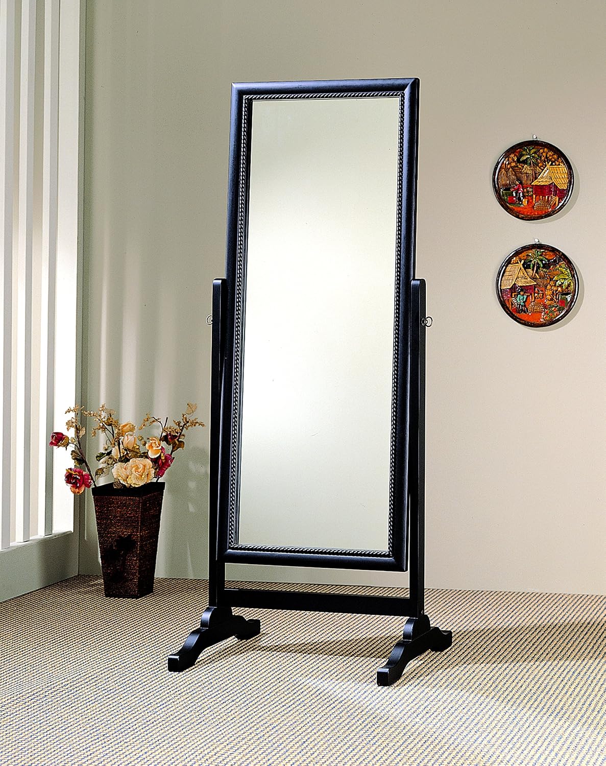 Traditional cheval floor mirror in black, front view