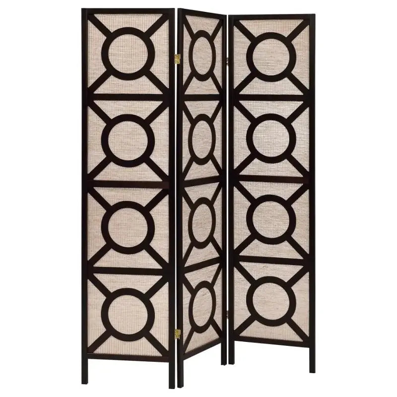 Transitional 3-panel room divider screen with circle and X design in cappuccino, front view