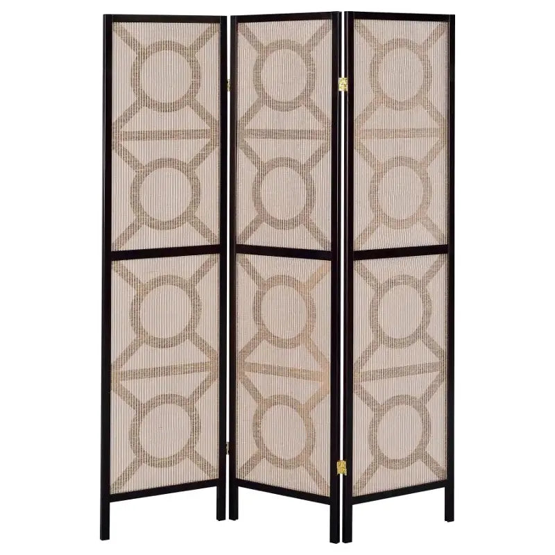 Transitional 3-panel room divider screen, reverse view showing Tan Jute fabric panels