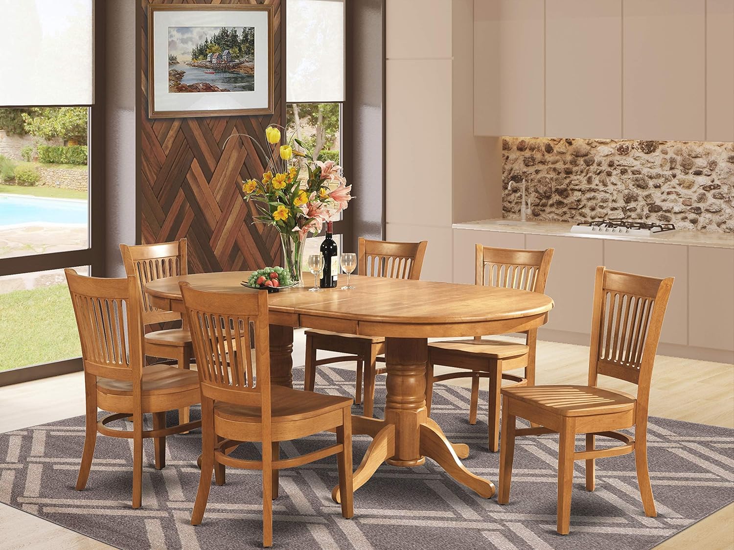 Vancouver 7 Pc Oval Dining room Table with Leaf and 6 Chairs In Oak