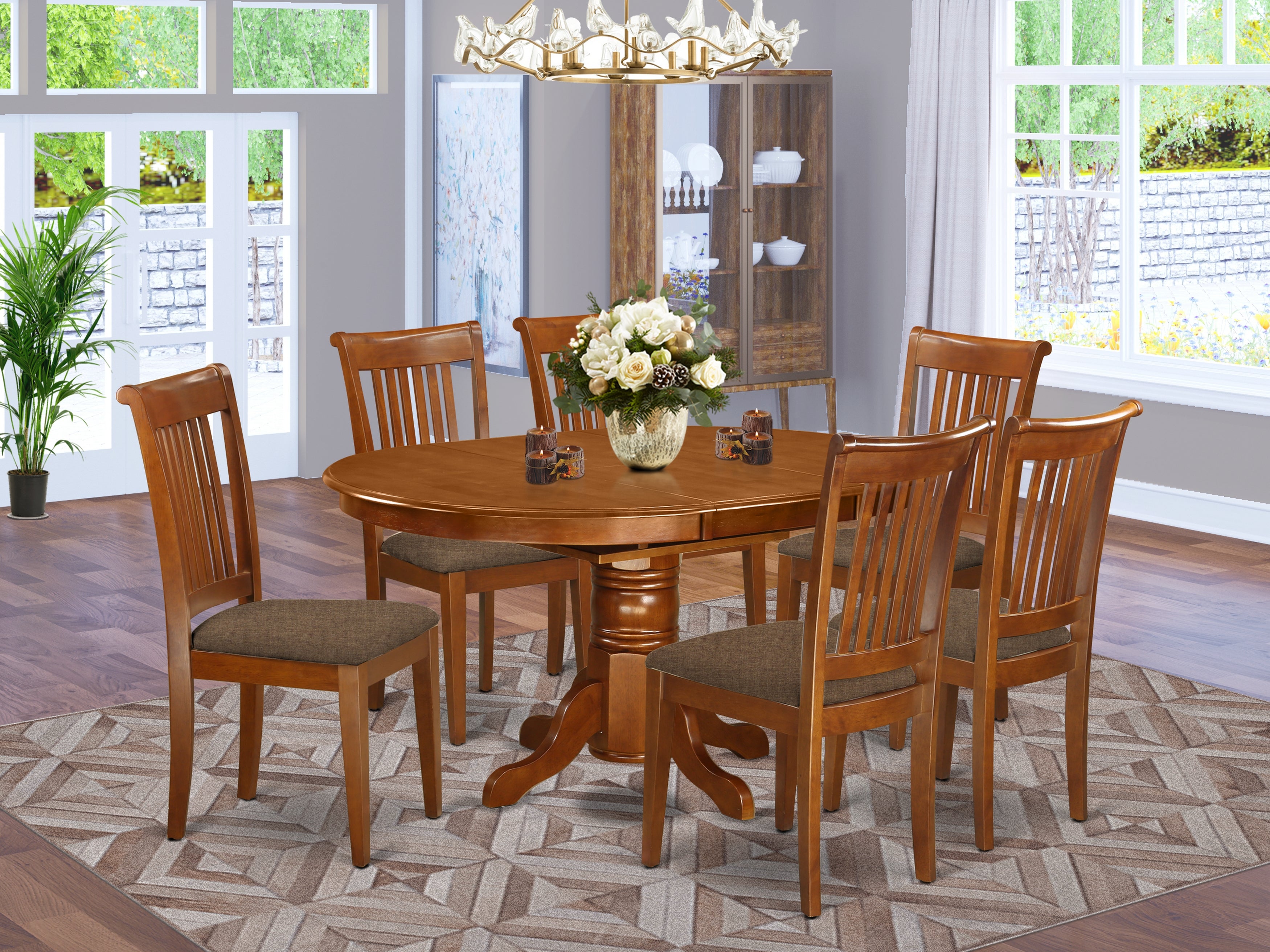 AVPO7-SBR-C 7 Pc set Avon Kitchen Table with Leaf and 6Upholstered Dinette Chairs in Saddle Brown