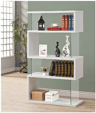 Modern 4-Tier Asymmetrical Zig Zag Snaking Bookcase Shelf White And Clear 800300