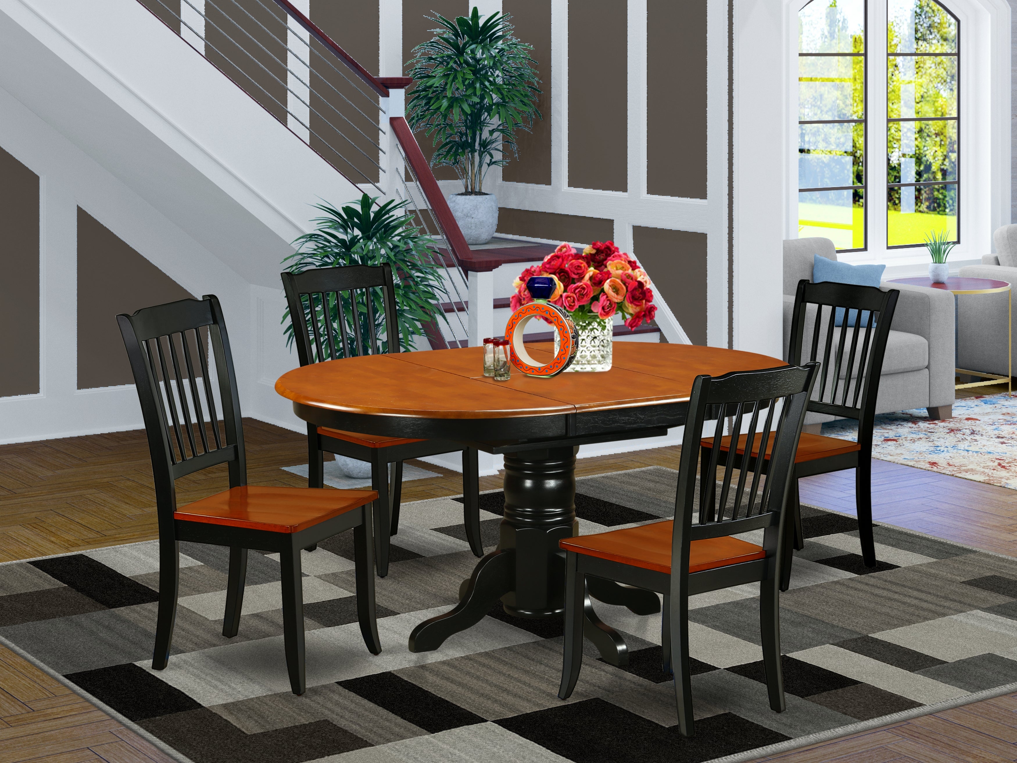 KEDA5-BCH-W 5PC Oval 42/60 inch Table with 18 In Leaf and 4 vertical slatted Chairs