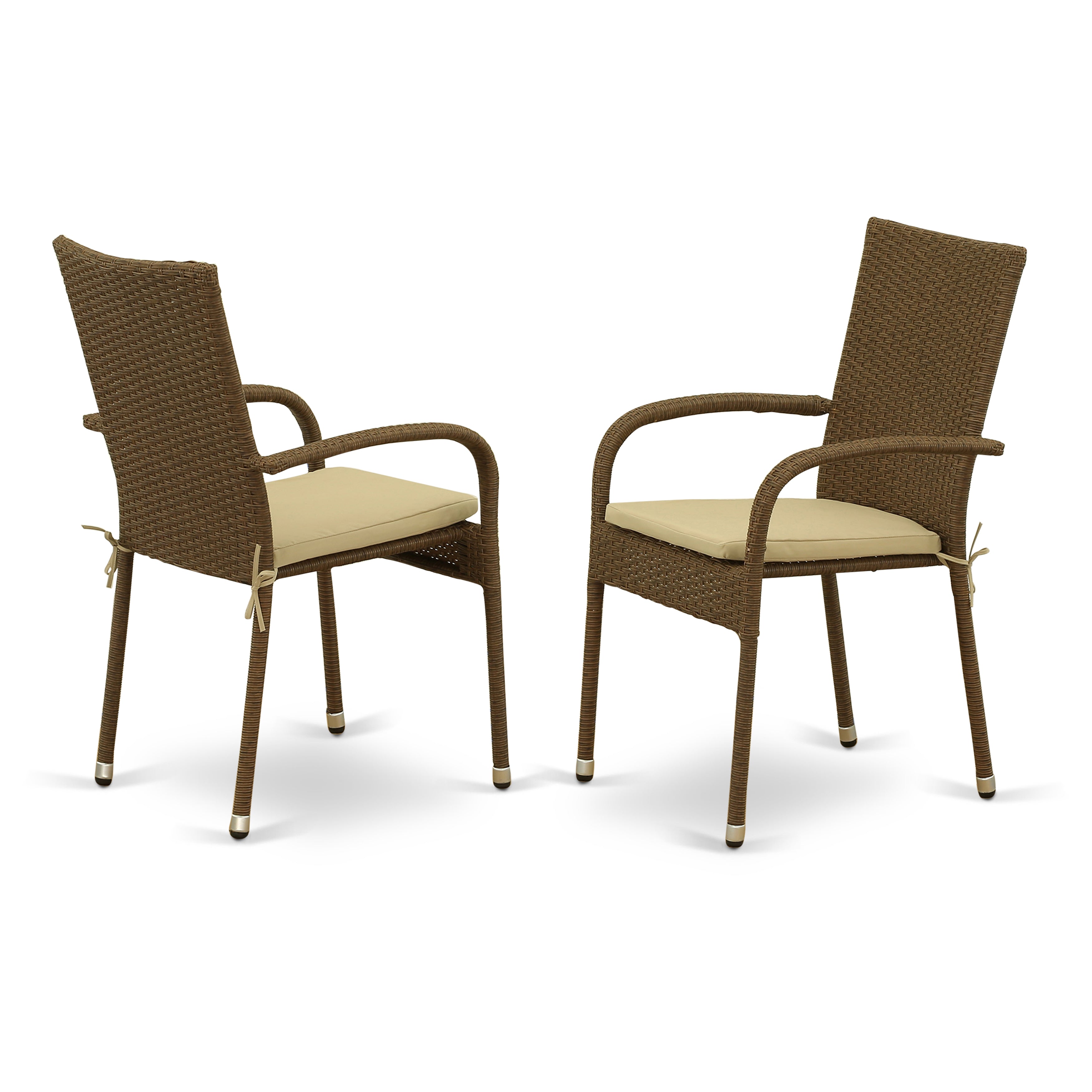 JUGU5-02A 5Pc Outdoor-Furniture Brown Wicker Dining Set Includes a Patio Table and 4 Balcony Backyard Armchair with Linen Fabric Cushion