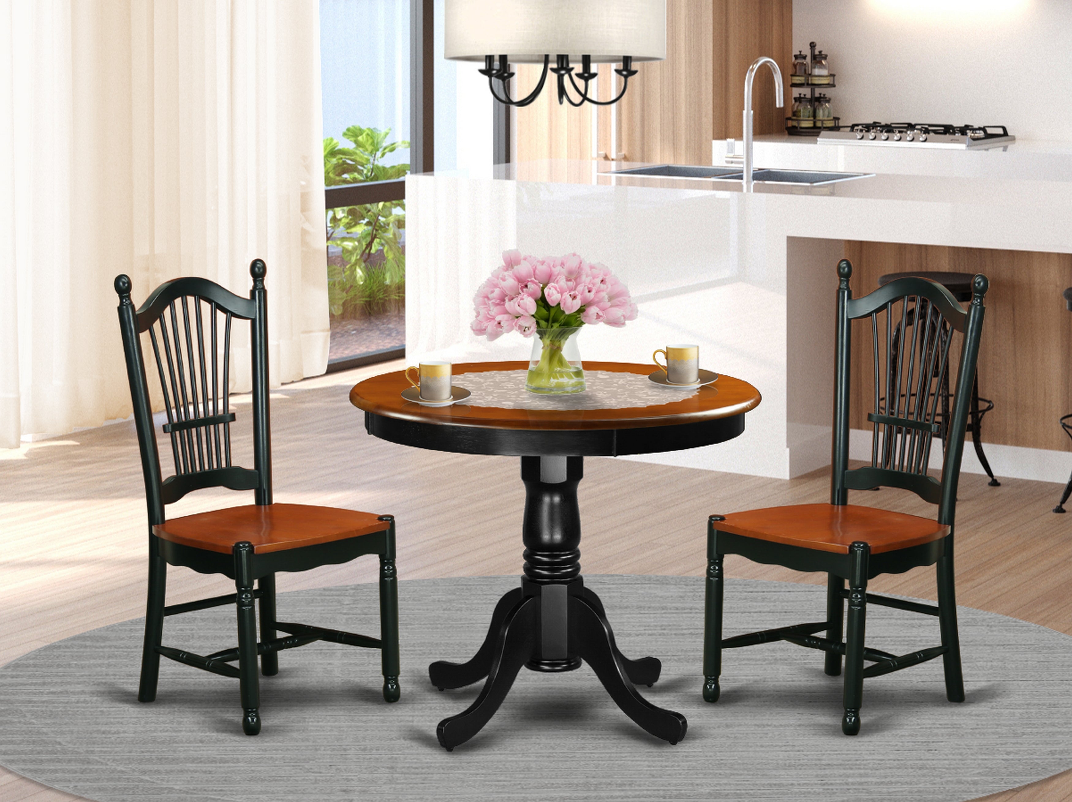 ANDO3-BCH-W 3 Pc Kitchen table set with a Kitchen Table and 2 Wood Seat Kitchen Chairs in Black and Cherry