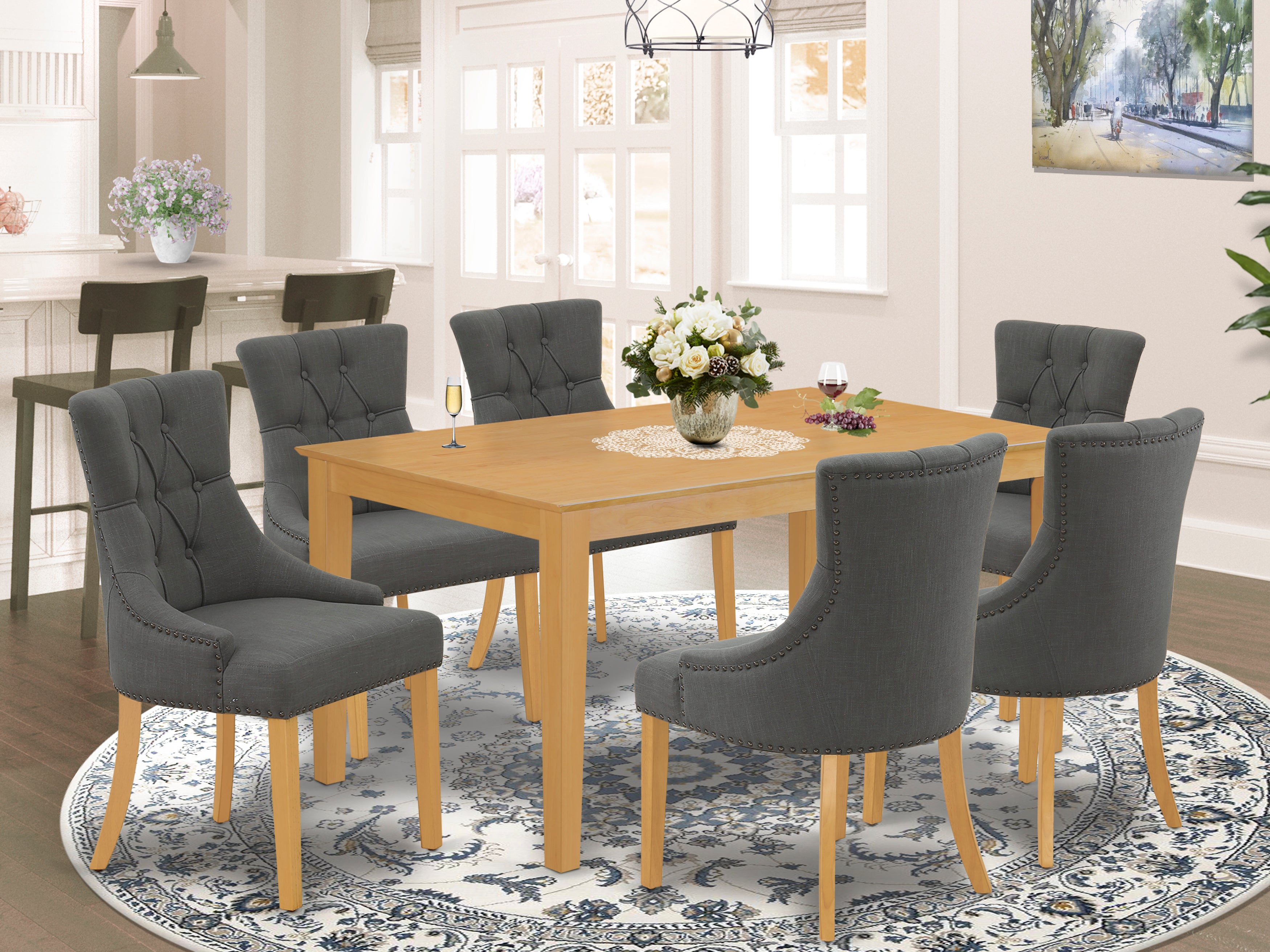 CAFR7-OAK-20 7Pc Dinette Set Includes a Rectangular Kitchen Table and Six Parson Chairs with Dark Gotham Grey Fabric, Oak Finish