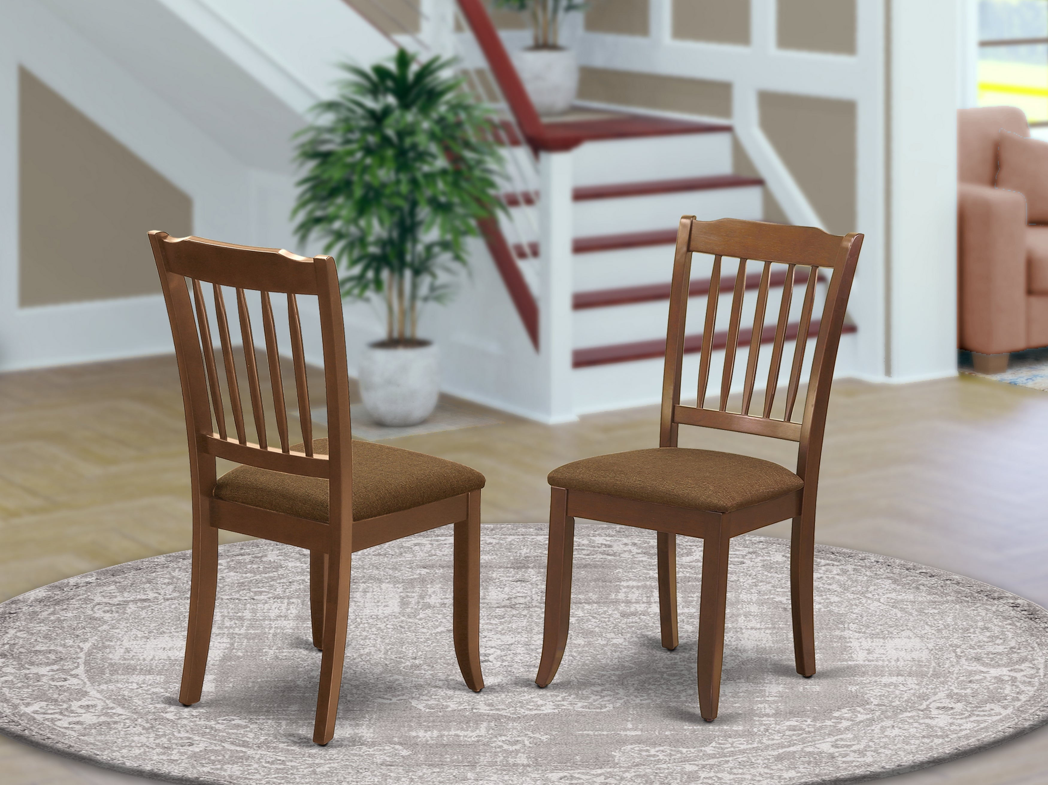 DAC-MAH-C Danbury vertical slatted back chairs with Linen Fabric Upholstered Seat in Mahogany finish