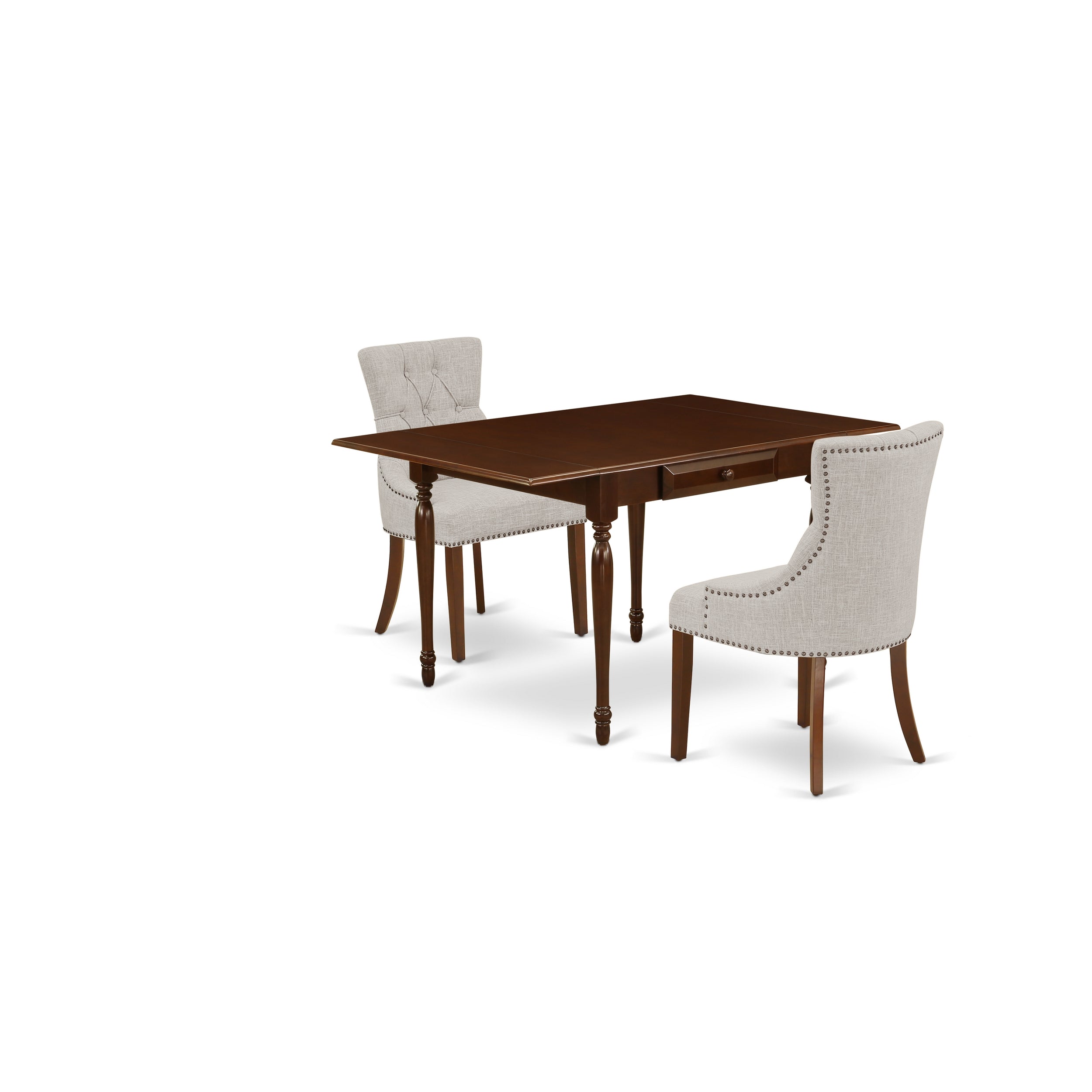 East West Furniture MZFR3-MAH-05 3Pc Dining Table Set for 2 Includes a Dining Table and 2 Parsons Dining Room Chairs with Doeskin Color Linen Fabric, Drop Leaf Table with Full Back Chairs, Mahogany Finish