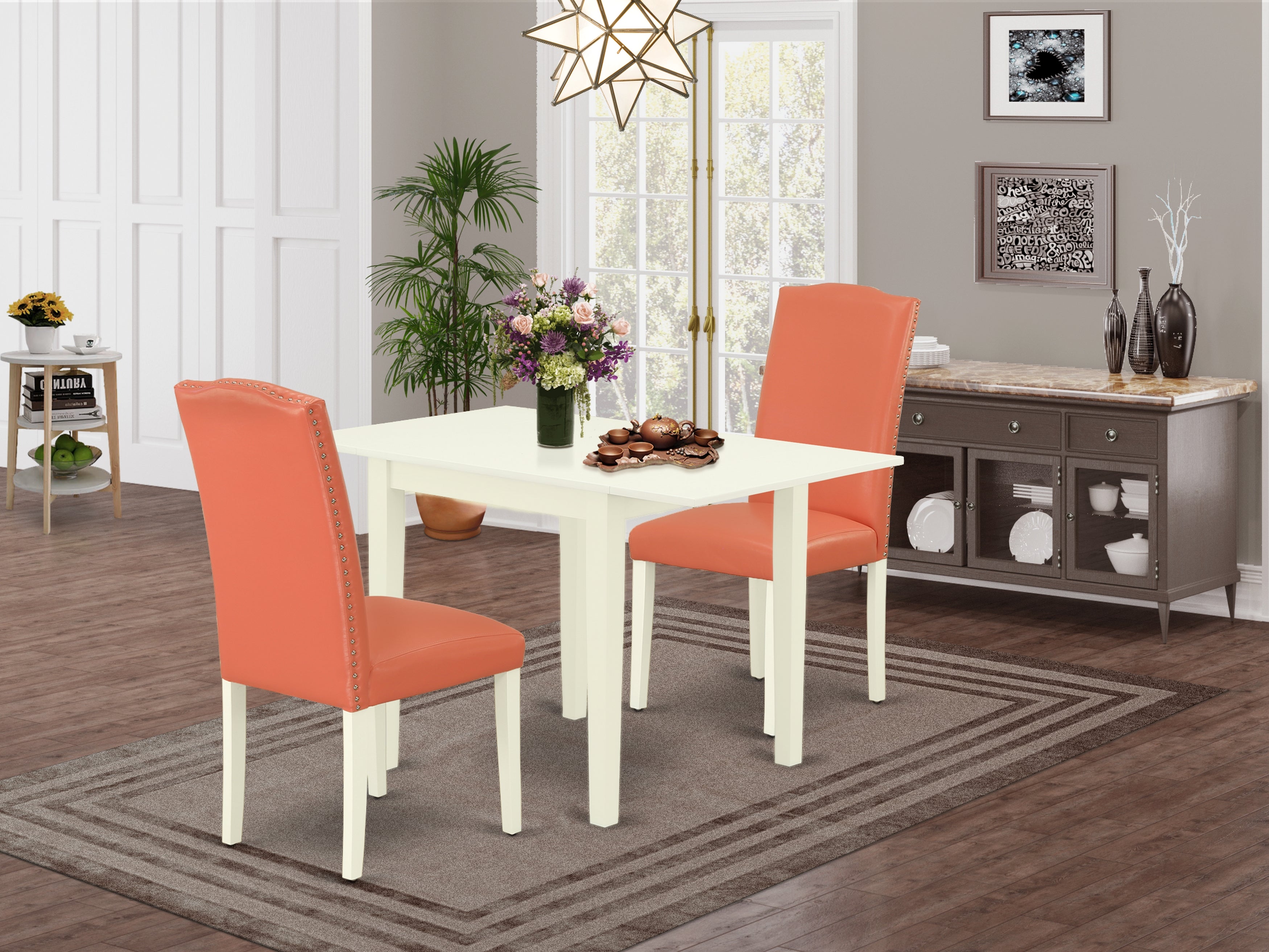 East West Furniture NDEN3-LWH-78 Dining Room Table Set 3 Pcs - Two Dining Chairs and a Wooden Table - Linen White Finish Hardwood - Pink Flamingo Color Pu Leather