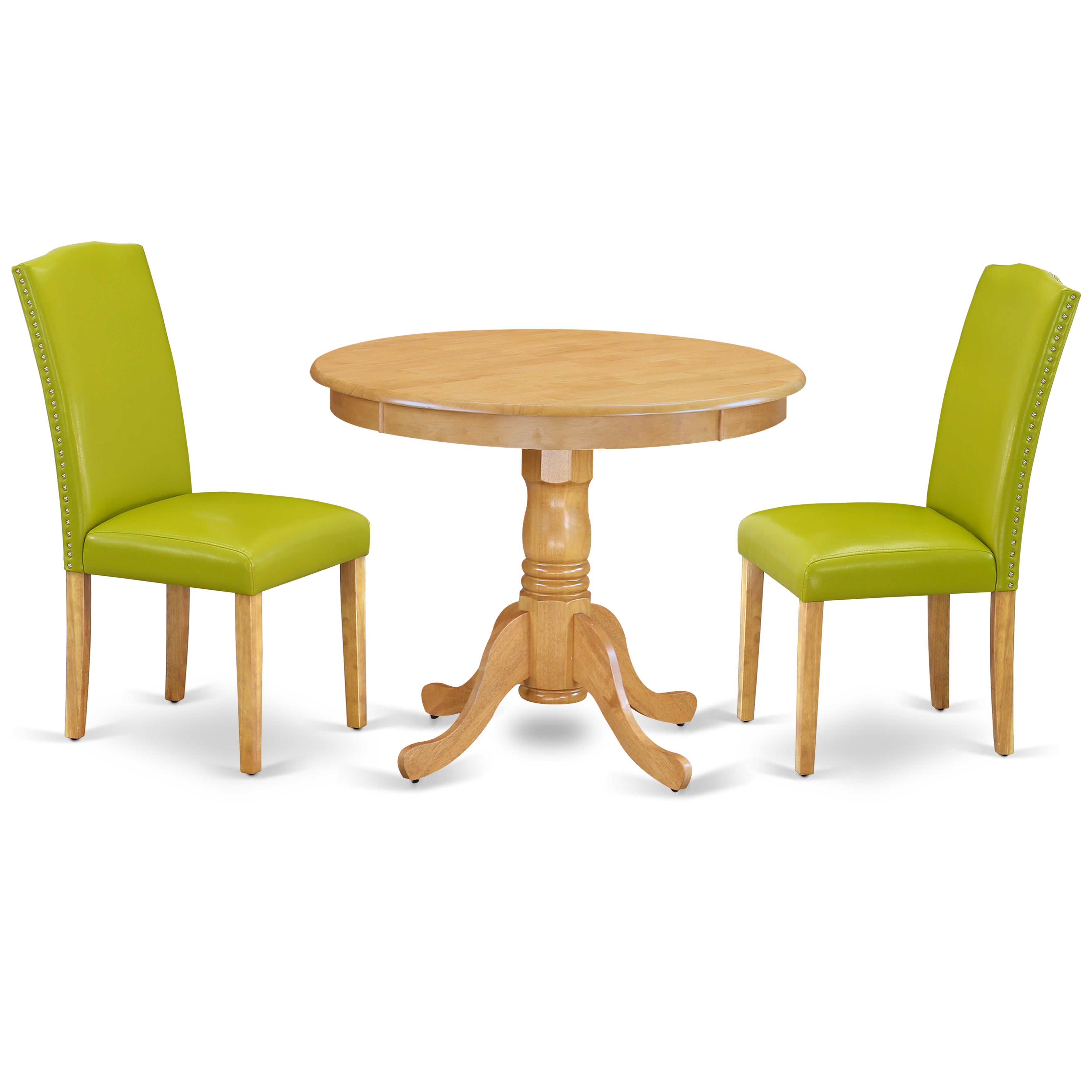 ANEN3-OAK-51 3Pc Rounded 36 Inch Dining Table And 2 Parson Chair With Oak Leg And Pu Leather Color Autumn Green