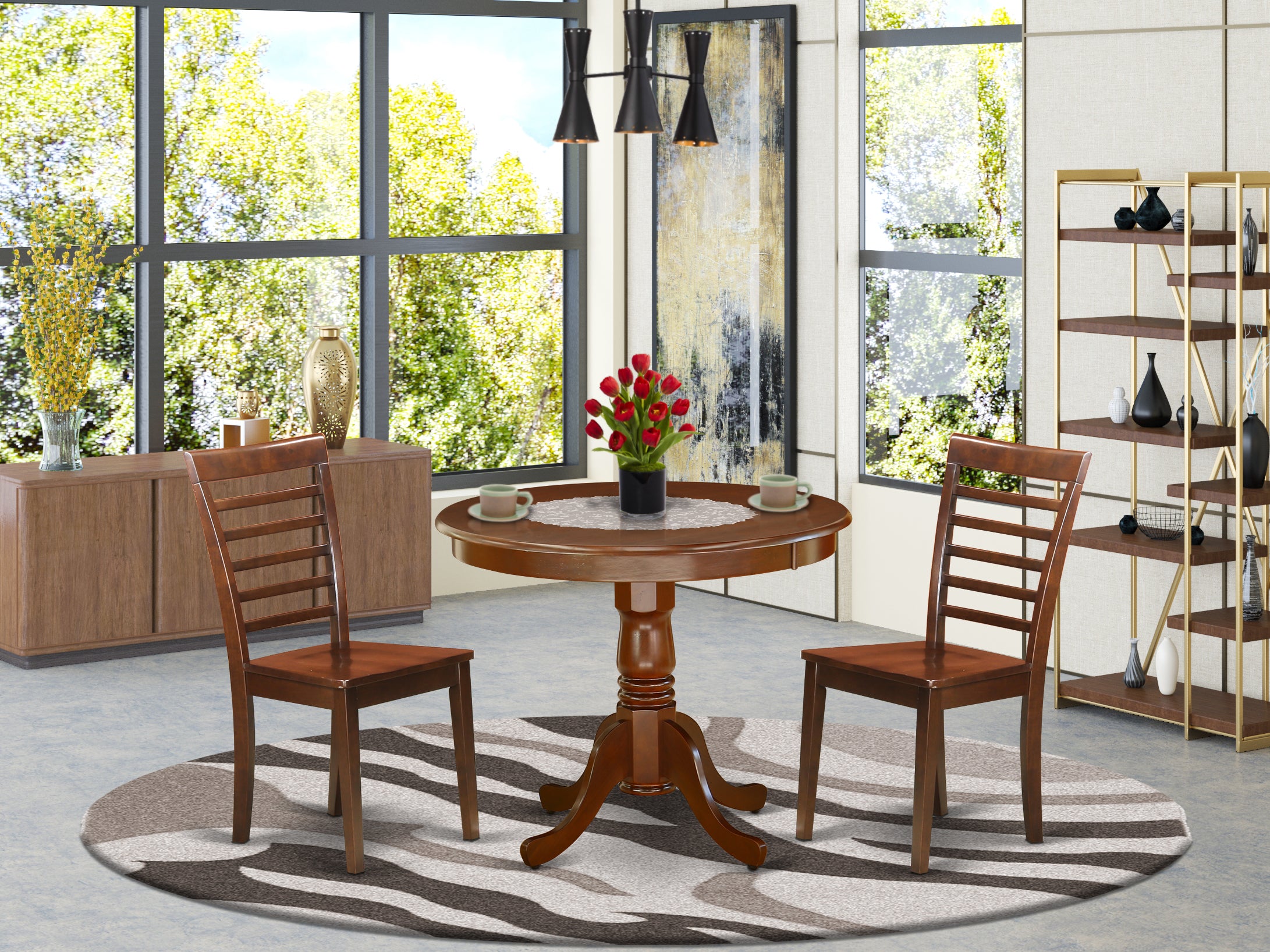 ANML3-MAH-W 3Pc Rounded 36 Inch Family Table And 2 Wood Seat Chairs