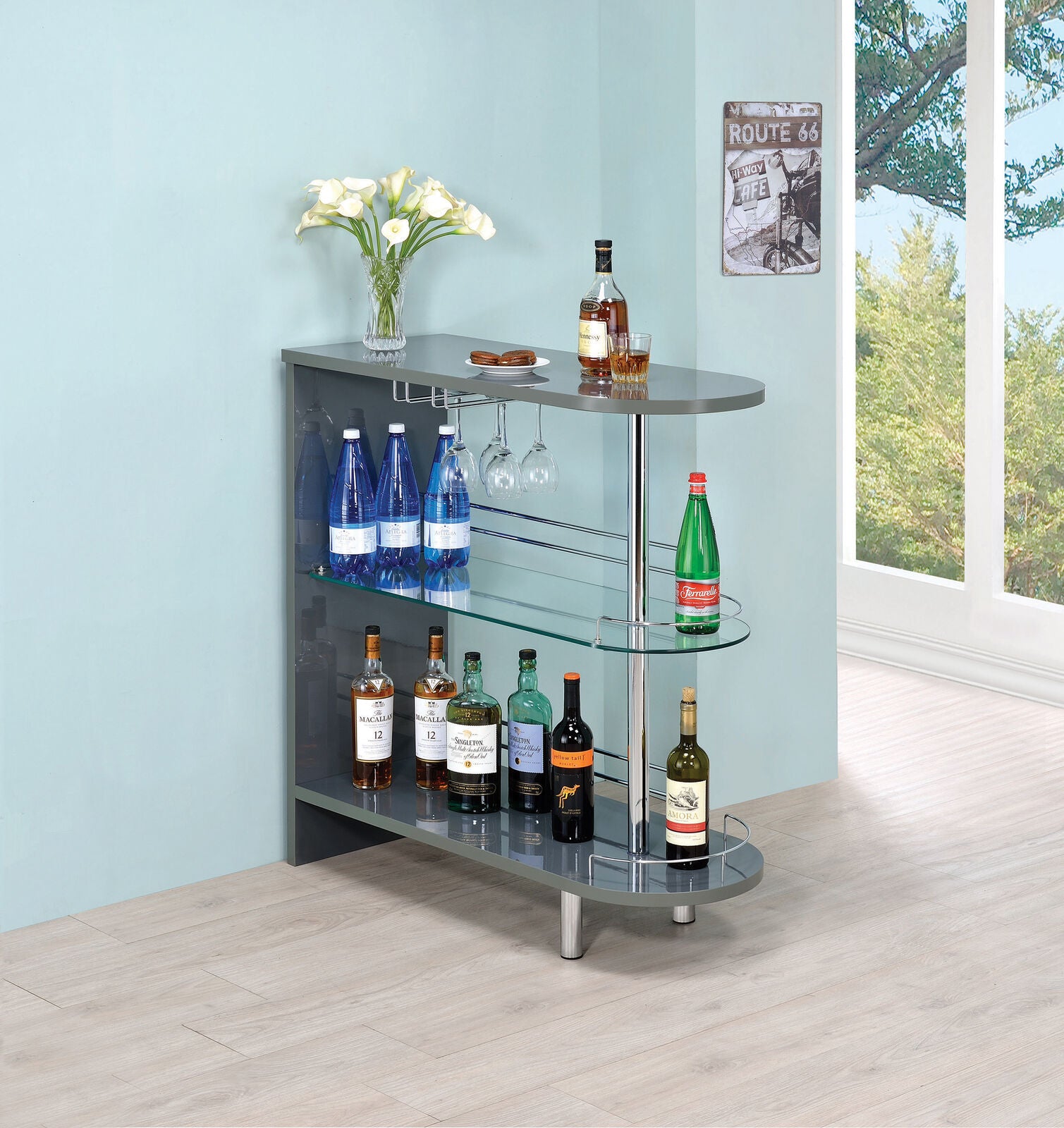 Coaster Modern 3-Tier Wine Bar Pub Table Unit Glossy Grey And Clear 101073