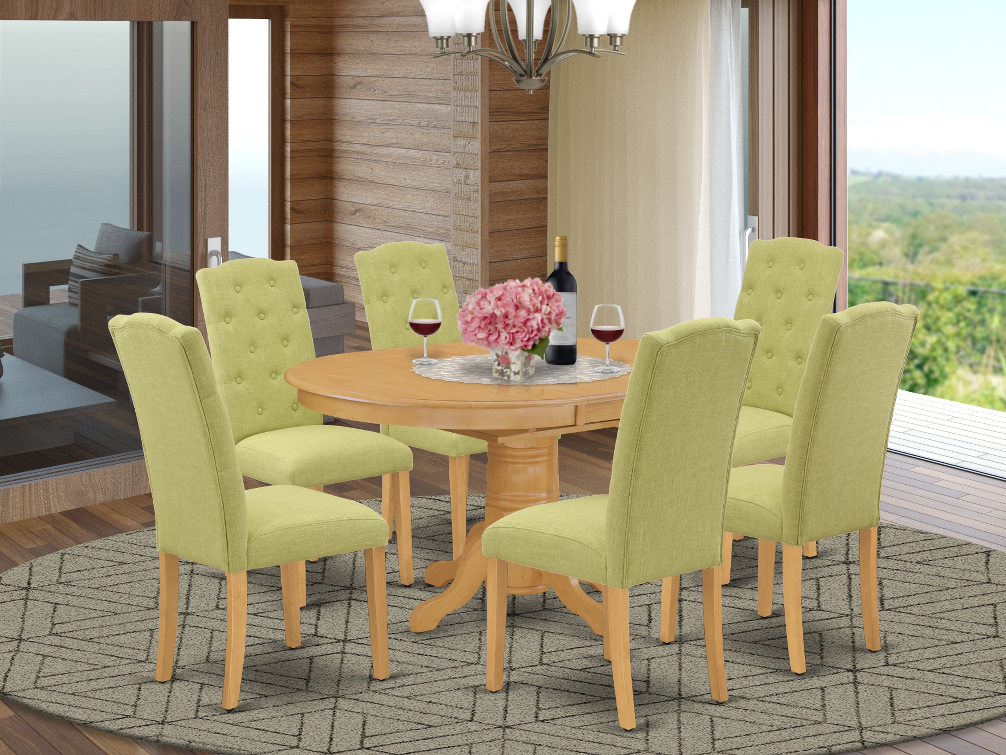 AVCE7-OAK-07 7Pc Dinette Set Includes an Oval Kitchen Table with Butterfly Leaf and Six Parson Chairs with Lime Green Fabric, Oak Finish