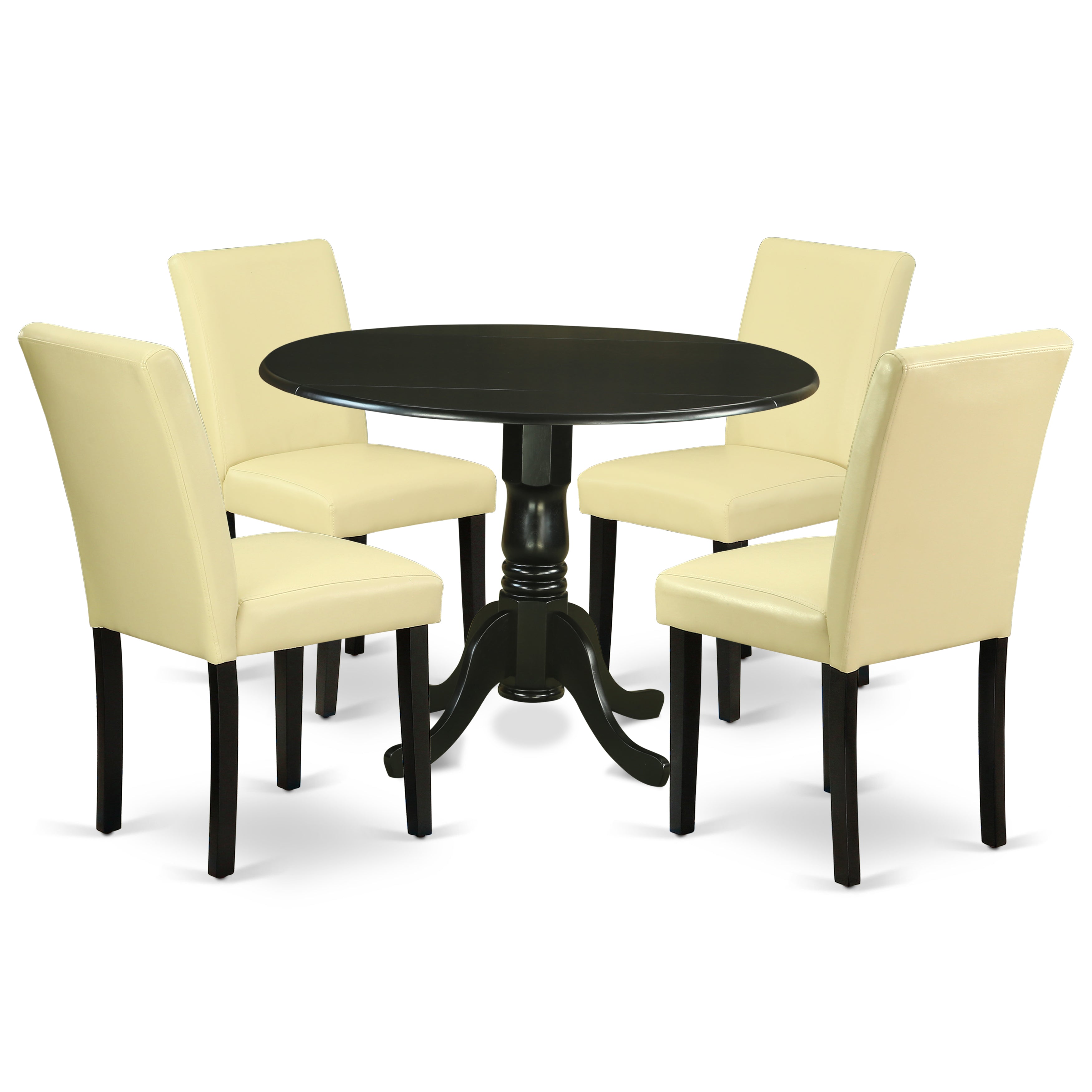 DLAB5-BLK-73 5Pc Round 42" Kitchen Table With Two 9-Inch Drop Leaves And Four Parson Chair With Black Leg And Pu Leather Color Eggnog