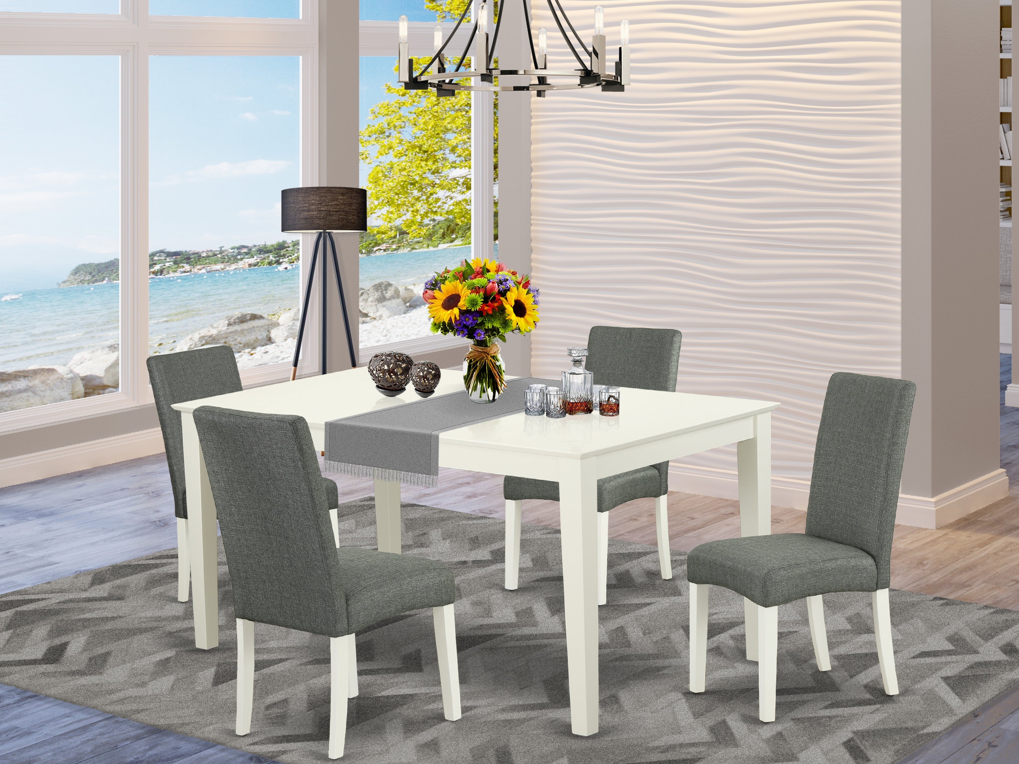 CADR5-LWH-07 5Pc Rectangle 60" Dining Room Table And 4 Parson Chair With Linen White Finish Leg And Linen Fabric- Gray Color