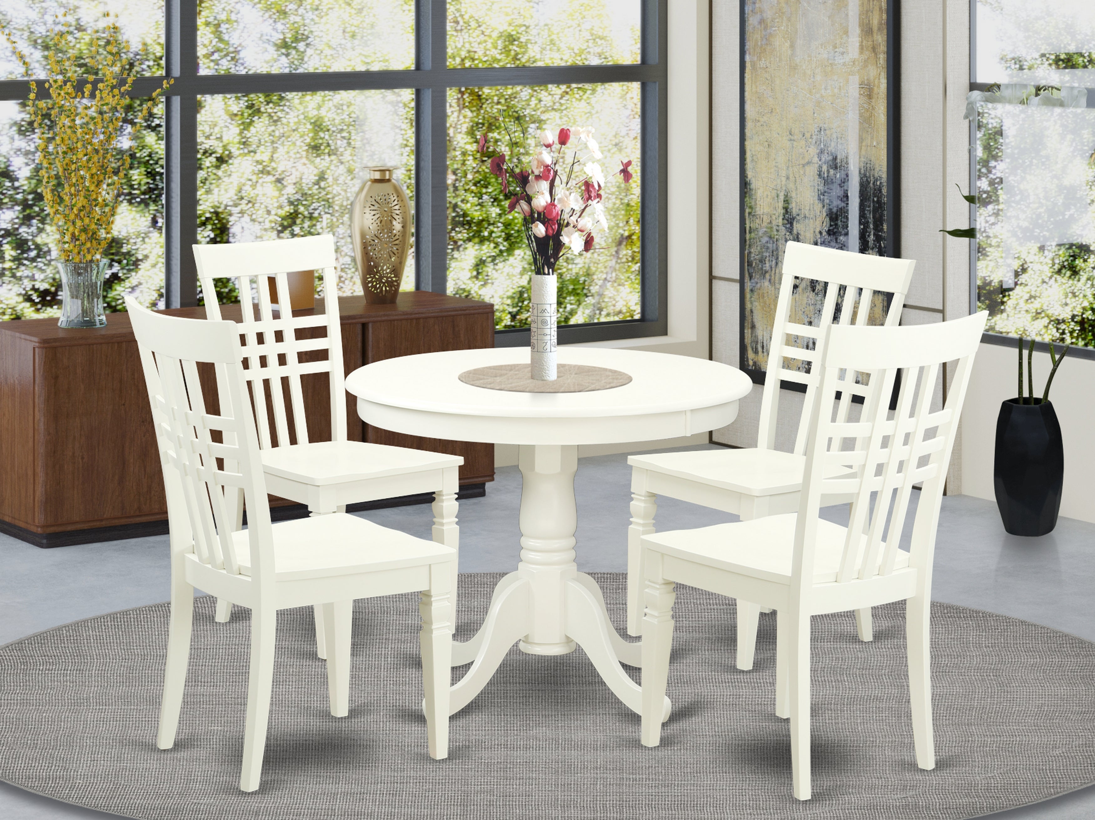 ANLG5-LWH-W 5 Pc set with a Table and 4 Wood Kitchen Chairs with Linen White.