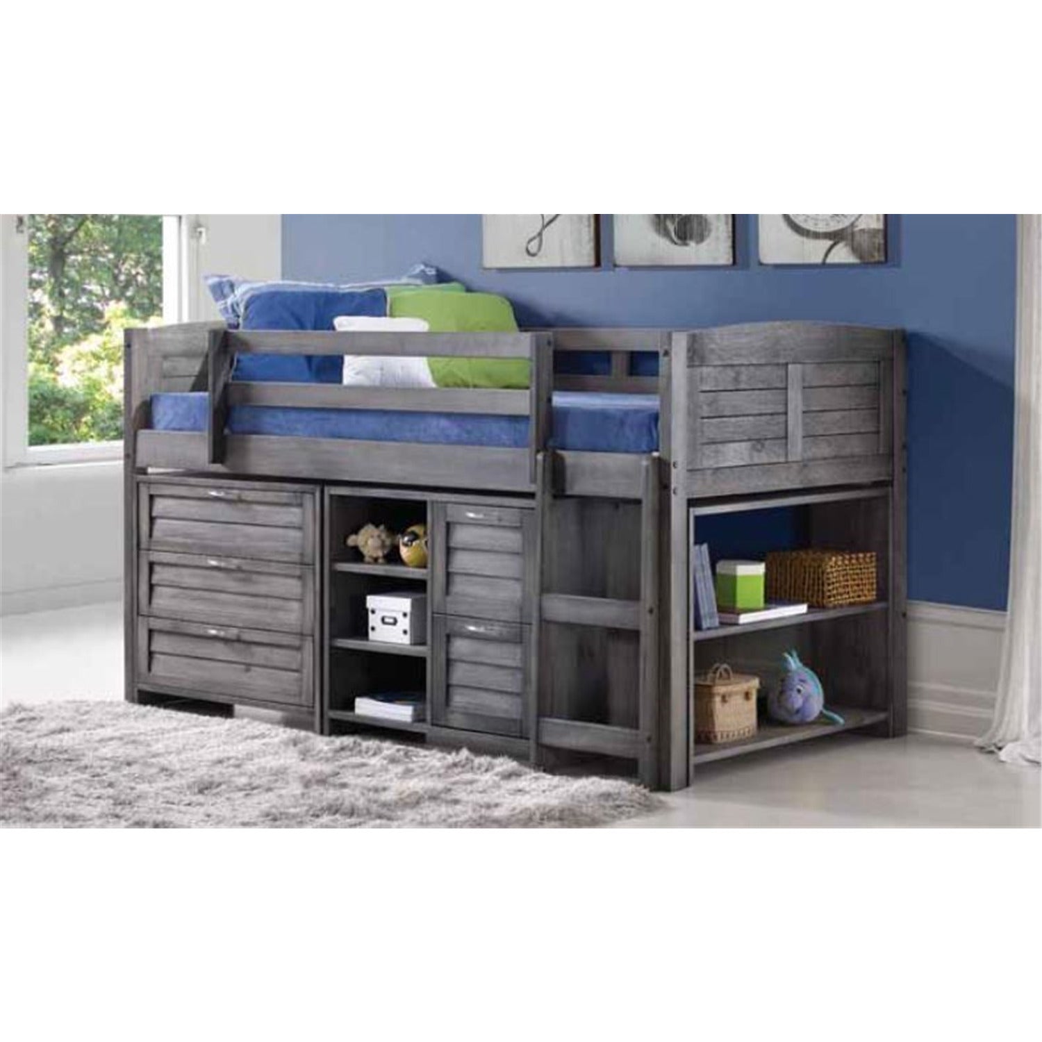 Donco Kids Louver Wood Loft Bed Storage, Twin, Antique Gray