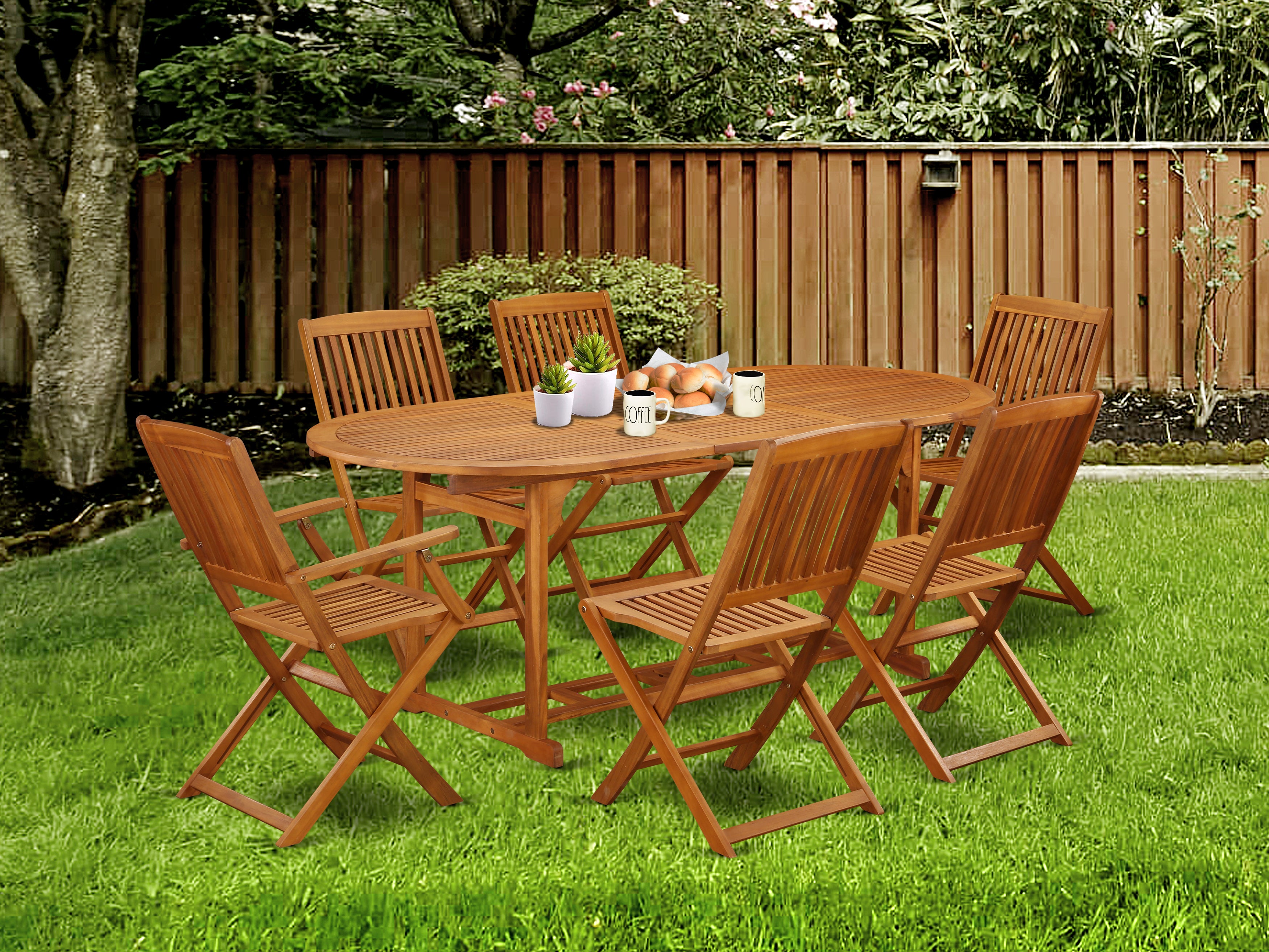 BSCM72CANA This 7 Piece Acacia Hardwood Patio area Dining Sets includes one Outdoor-Furniture table and 4 side patio dining chairs and Two arm chairs