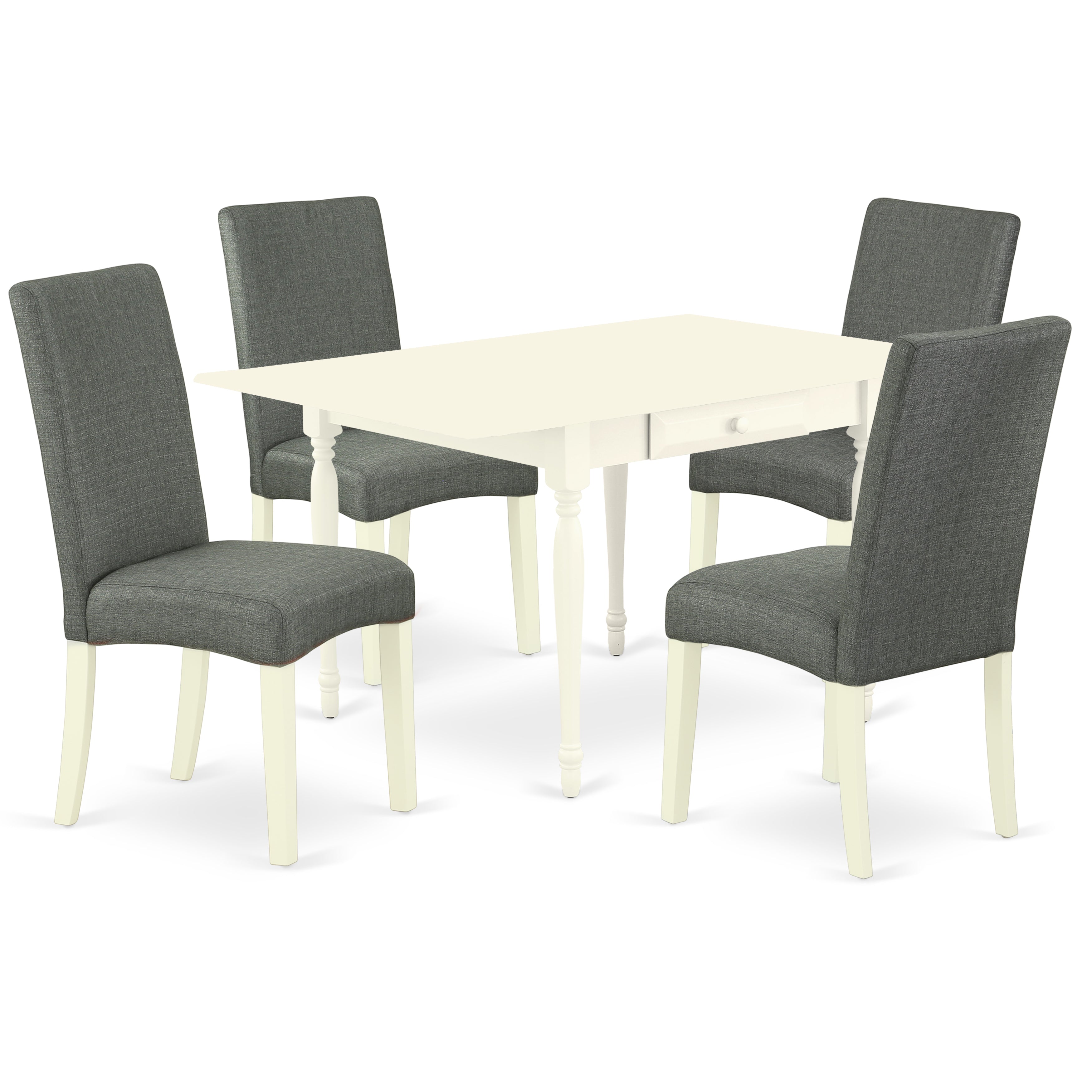 East West Furniture MZDR5-LWH-07 5Pc Dinette Sets for Small Spaces Includes a Kitchen Table and 4 Parsons Chairs with Gray Color Linen Fabric, Drop Leaf Table with Full Back Chairs, Linen White Finish