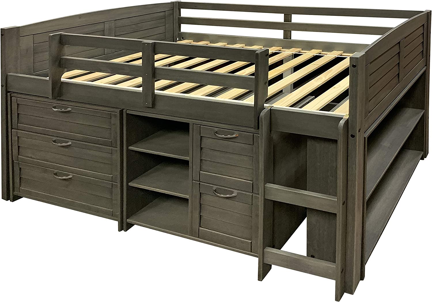 Donco Kids Louver Wood Loft Bed Storage, Twin, Antique Gray