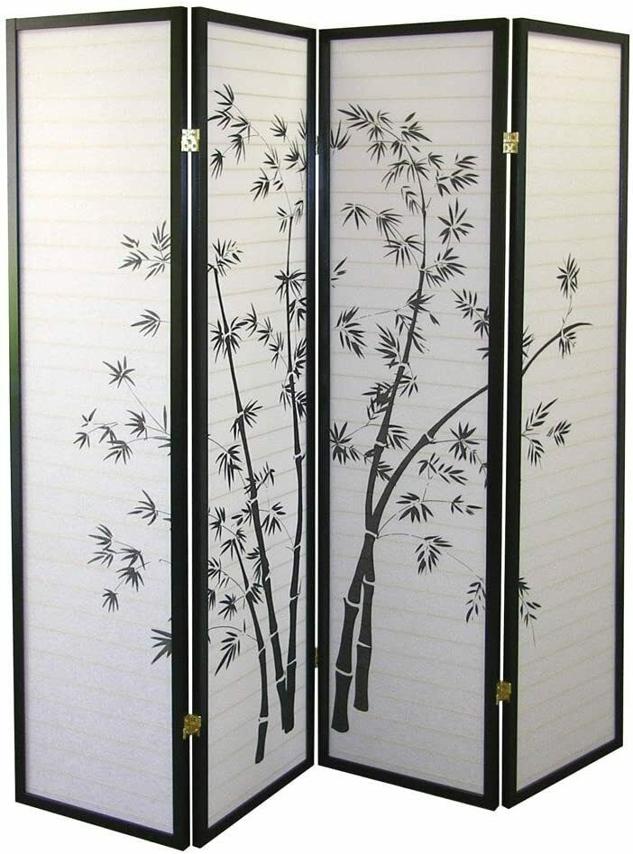 4 Panel Bamboo Design Folding Privacy Screen Hardwood Frame Room Divider