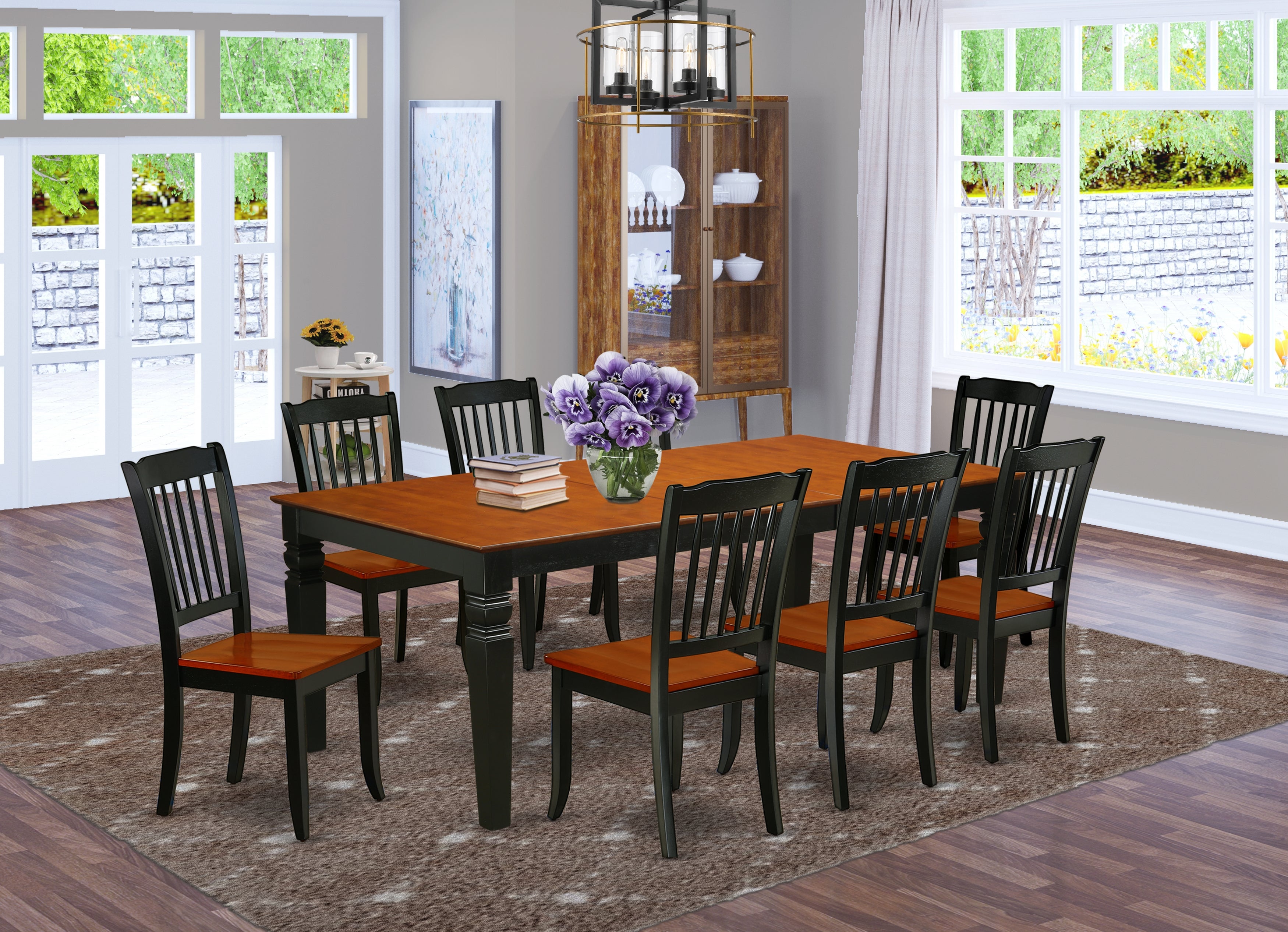 LGDA9-BCH-W 9PC Rectangular 66/84 inch Table with 18 In Leaf and 8 vertical slatted Chairs