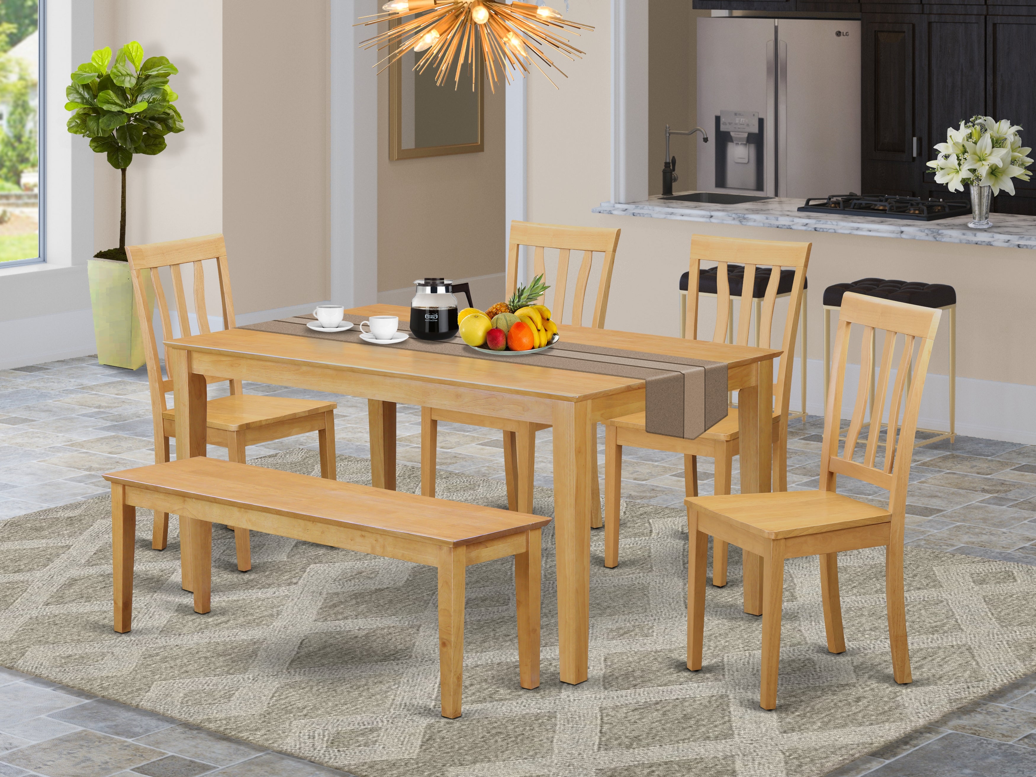 CAAN6-OAK-W 6 PC Table and chair set - Kitchen dinette Table and 4 Dining Chairs with bench