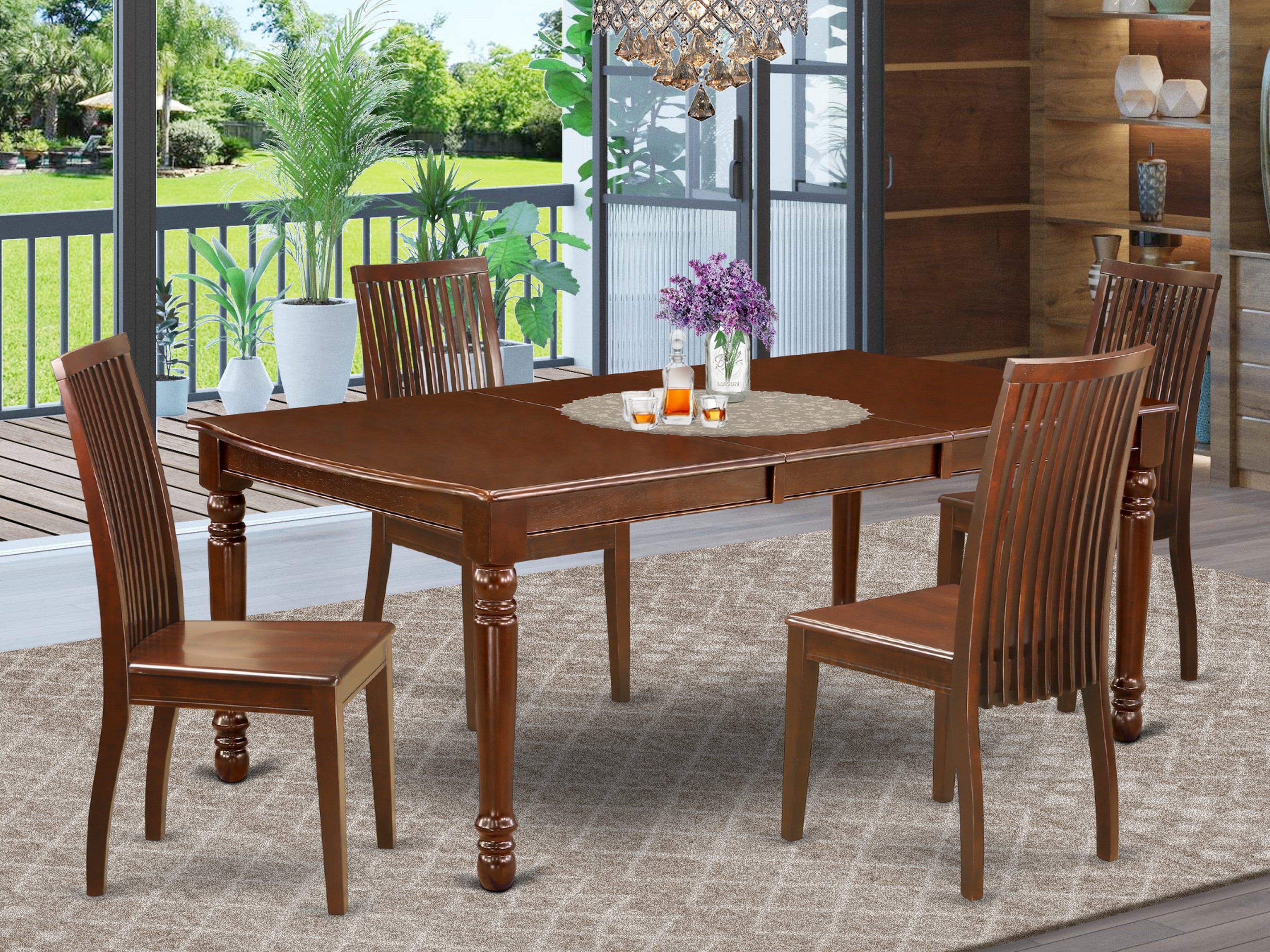 DOIP5-MAH-W 5Pc Rectangle 60/78 Inch Dining Room Table With 18 In Self Storing Butterfly Leaf And 4 Wood Seat Dining Chairs
