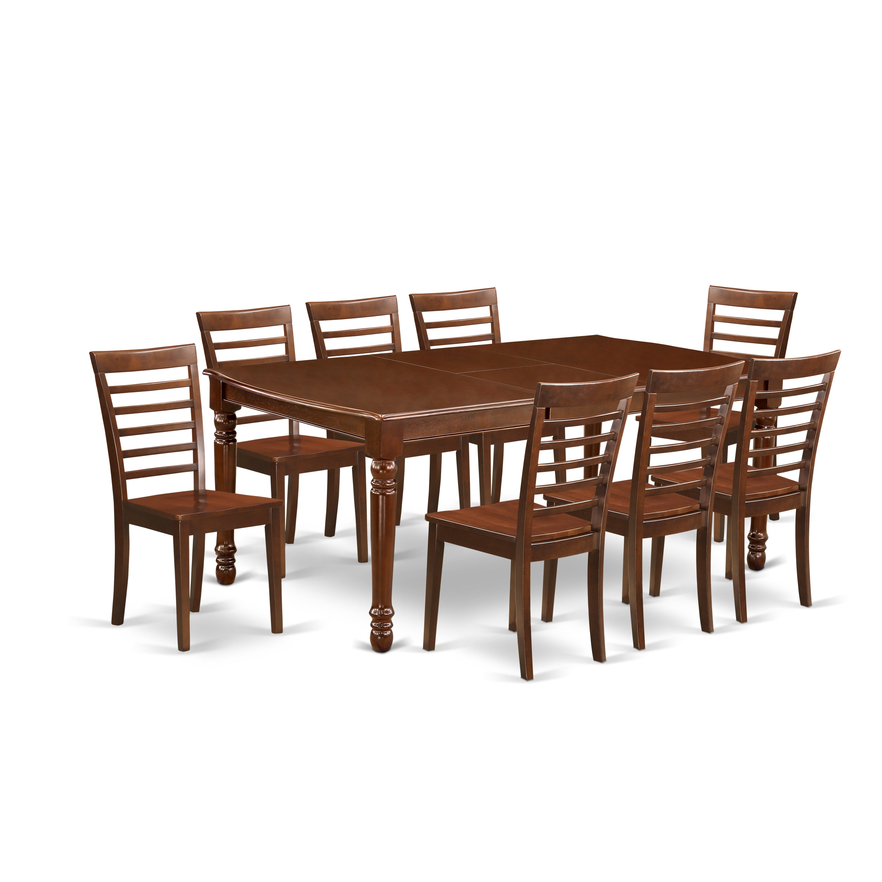 DOML9-MAH-W 9Pc Rectangular 60/78" Kitchen Table With 18 In Leaf And Eight Wood Seat Chairs