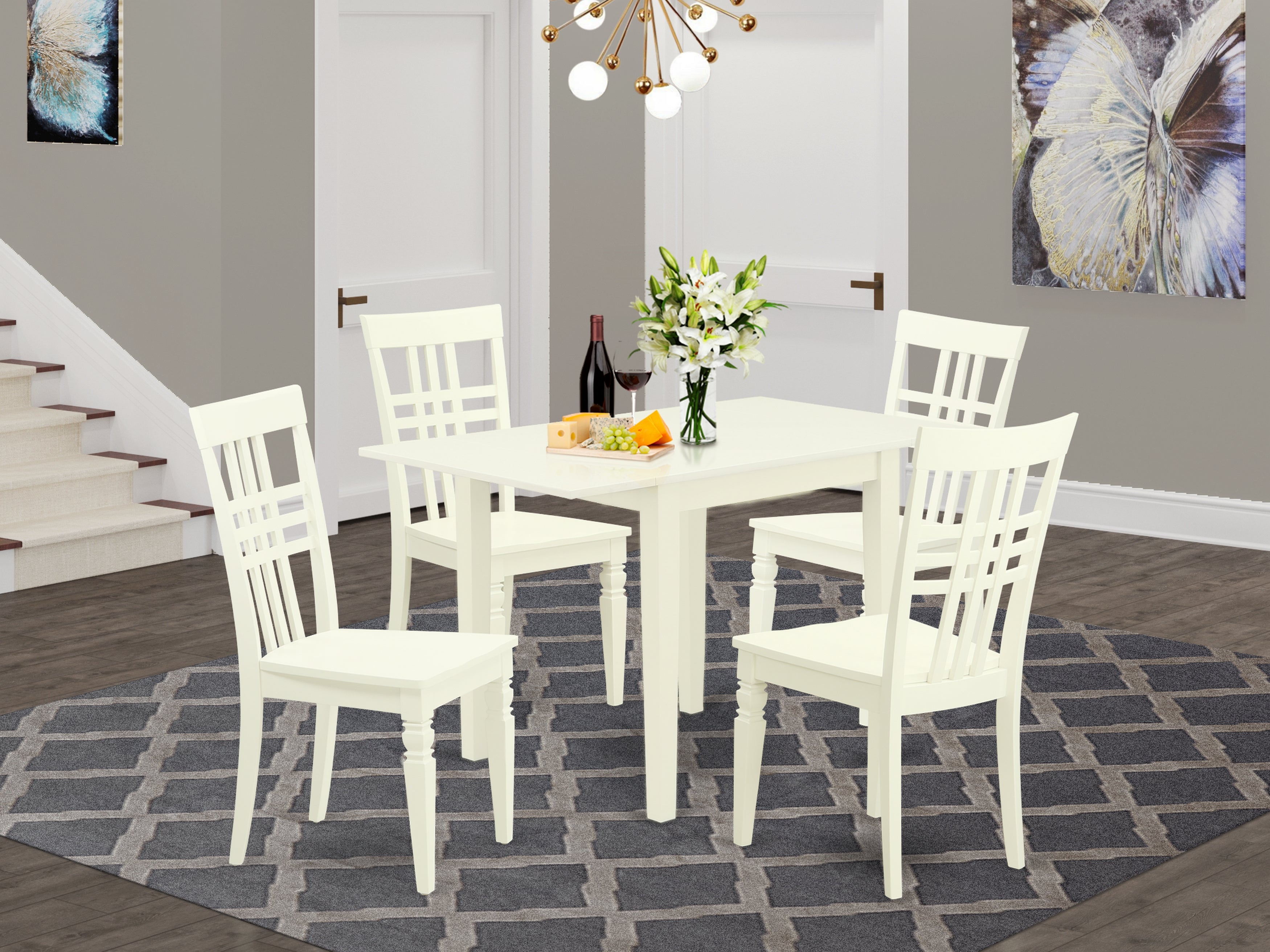 East West Furniture NDLG5-LWH-W 5Pc Modern Dining Table Set Consists of a Dining Table and 4 Kitchen Chairs with Solid Wood Seat and Panel Back, Linen White Finish