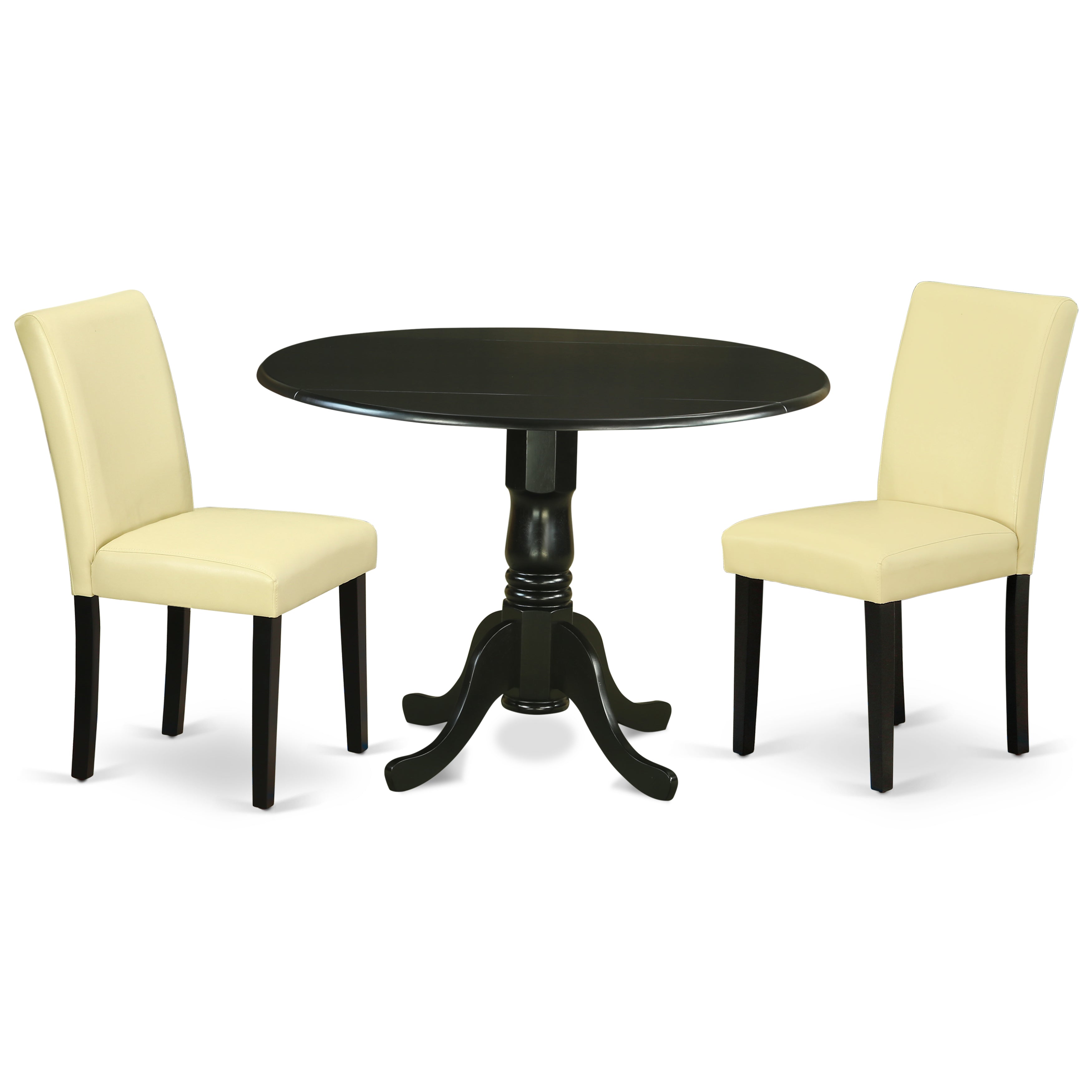 DLAB3-BLK-73 3Pc Round 42" Dining Room Table With Two 9-Inch Drop Leaves And 2 Parson Chair With Black Leg And Pu Leather Color Eggnog