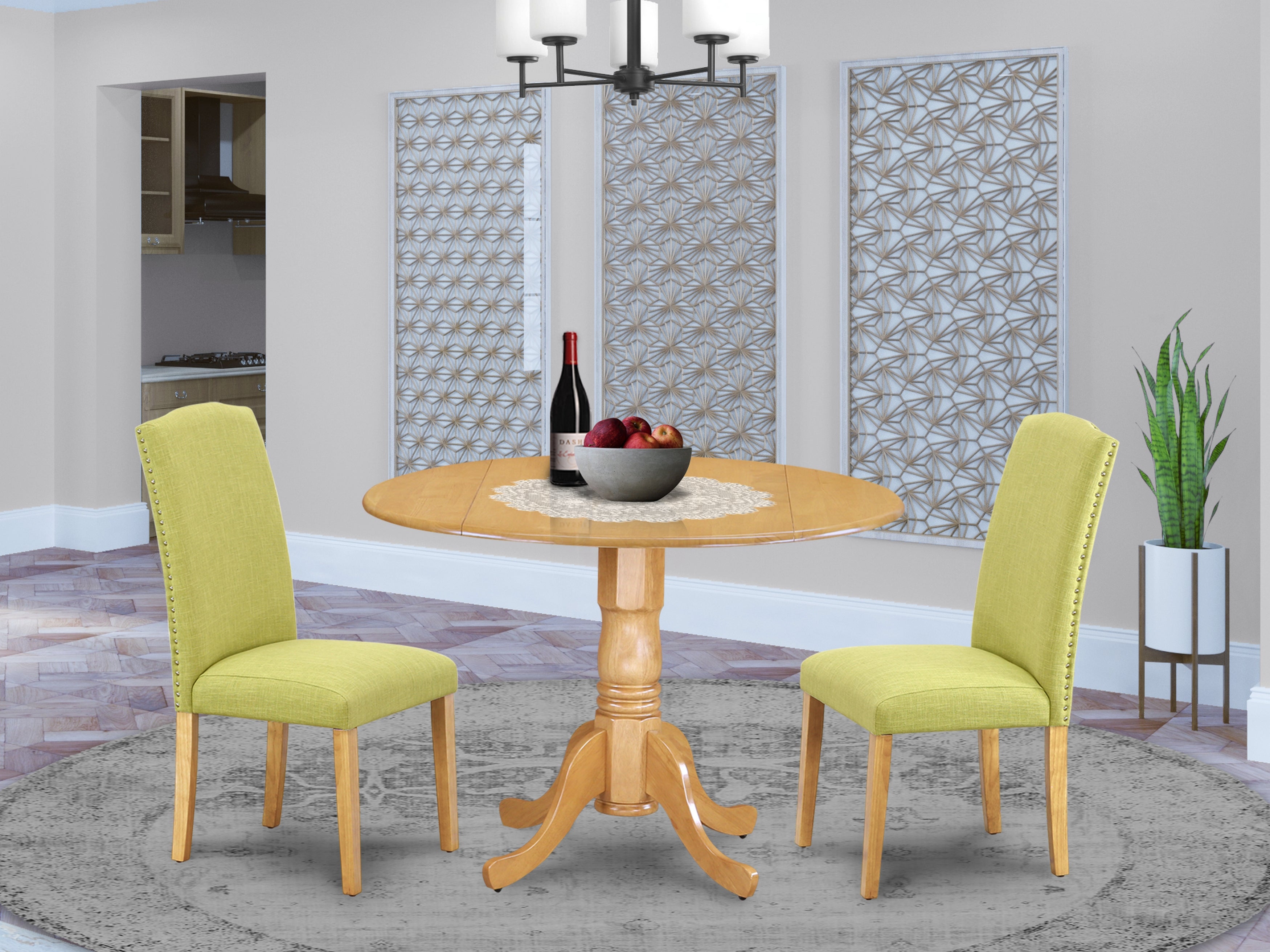 DLEN3-OAK-07 3Pc Round 42 Inch Kitchen Table With Two 9-Inch Drop Leaves And A Pair Of Parson Chair With Oak Leg And Linen Fabric Limelight