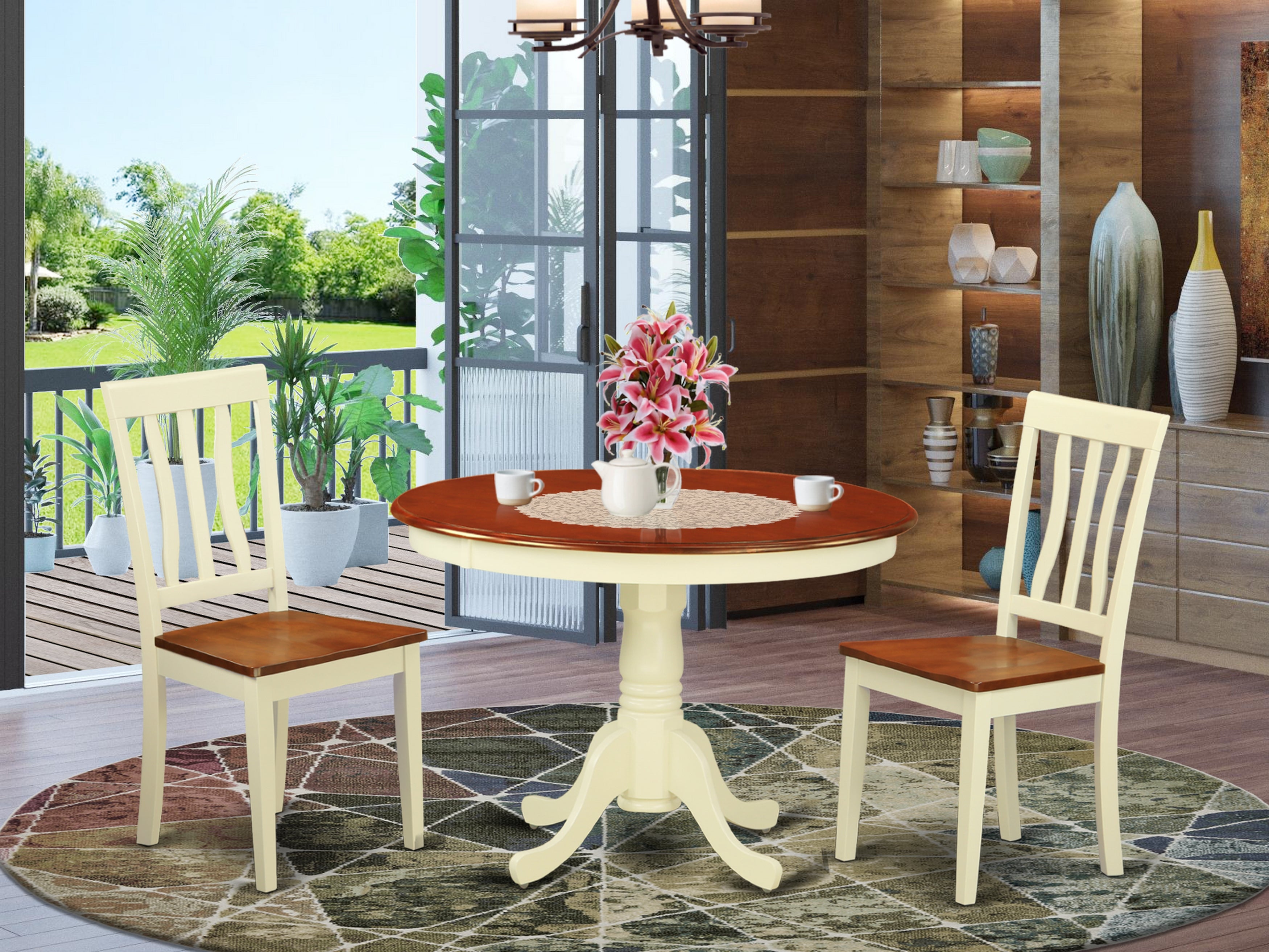 HLAN3-BMK-W 3 Pc set with a Round Dinette Table and 2 Wood Kitchen Chairs in Buttermilk and Cherry .