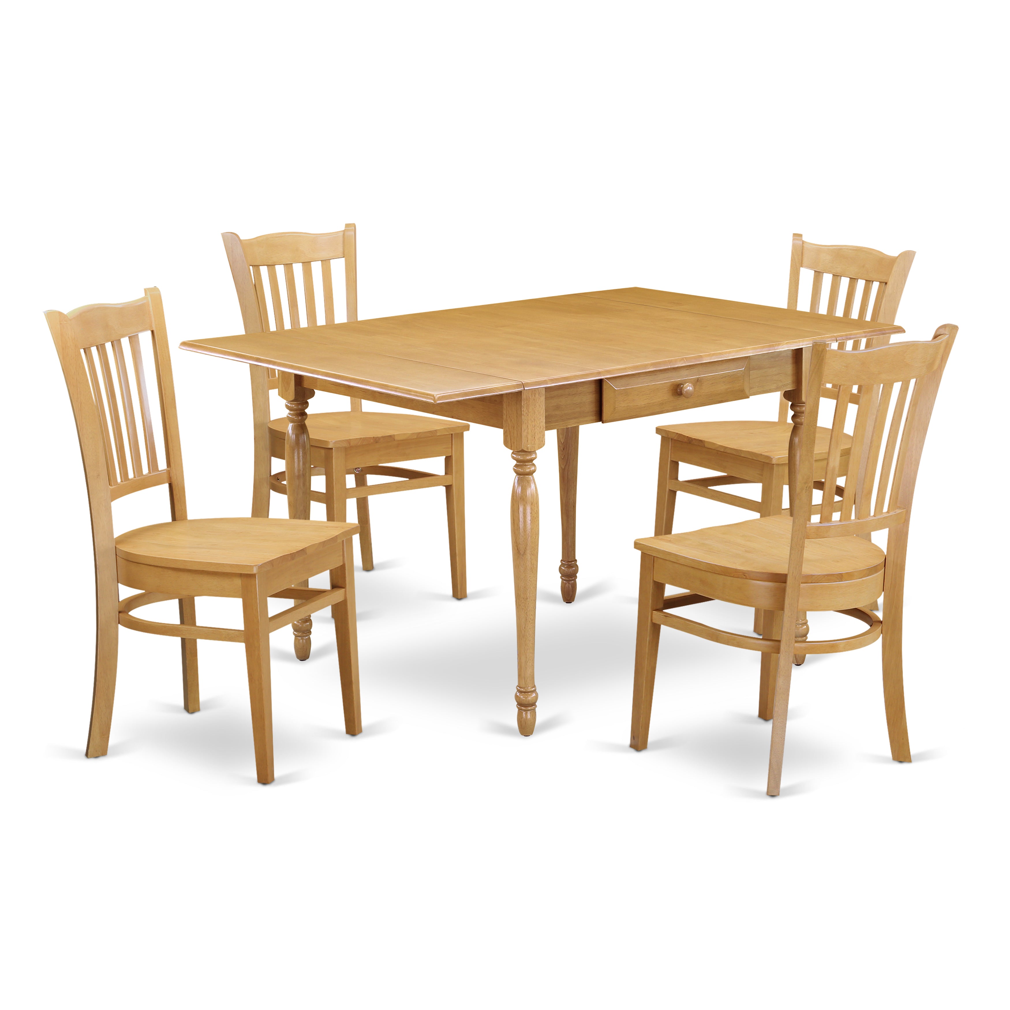 East West Furniture MZGR5-OAK-W 5 Pieces Dining Kitchen Table set - Robust Drop Leaf Real Wood Modern Dining Table and 4 Hardwood Seat Kitchen Dining Chairs, Oak Finish