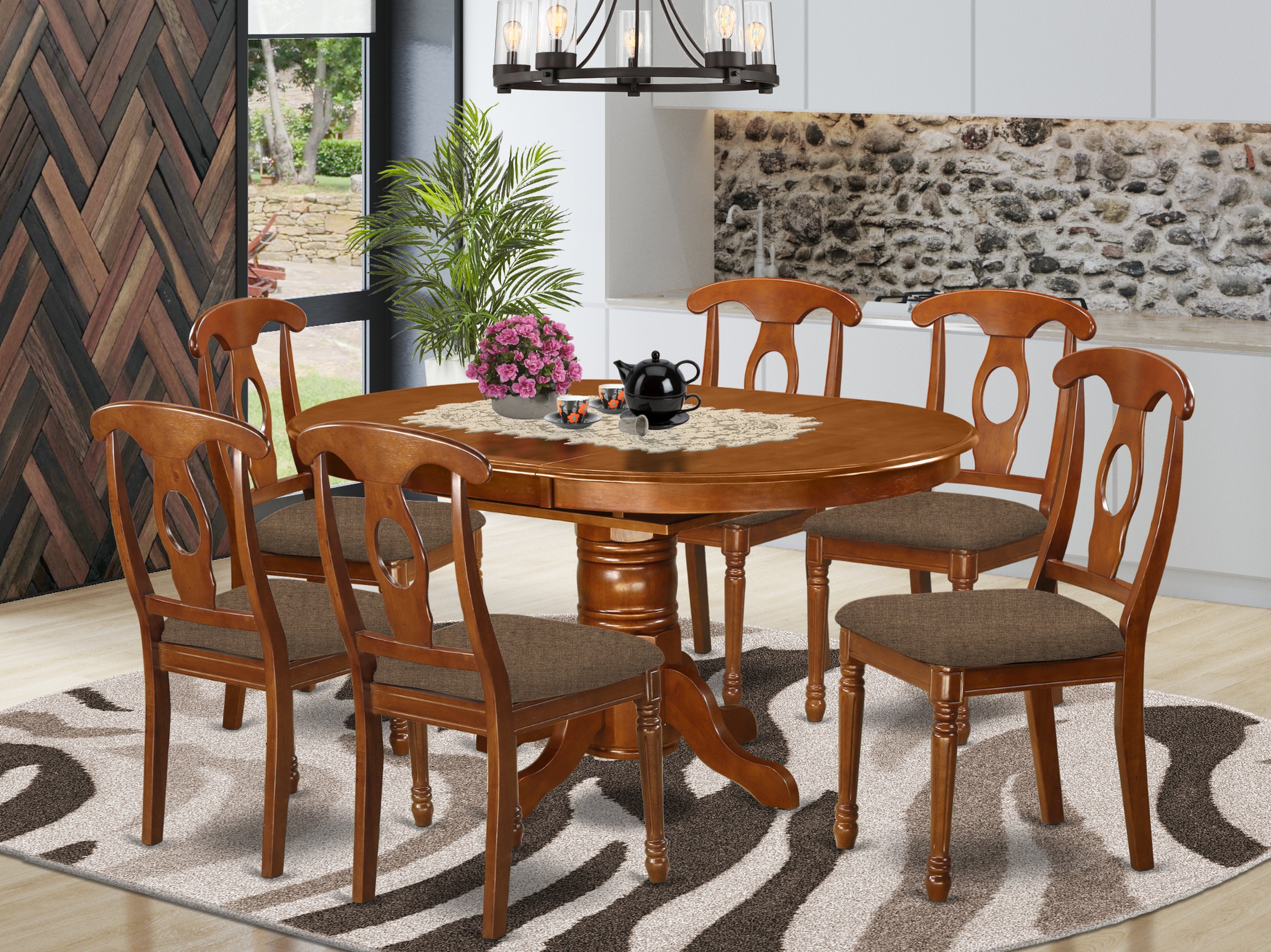 AVNA7-SBR-C 7 Pc Dinette Table with Leaf and 6 Upholstered Seat Chairs in Saddle Brown .