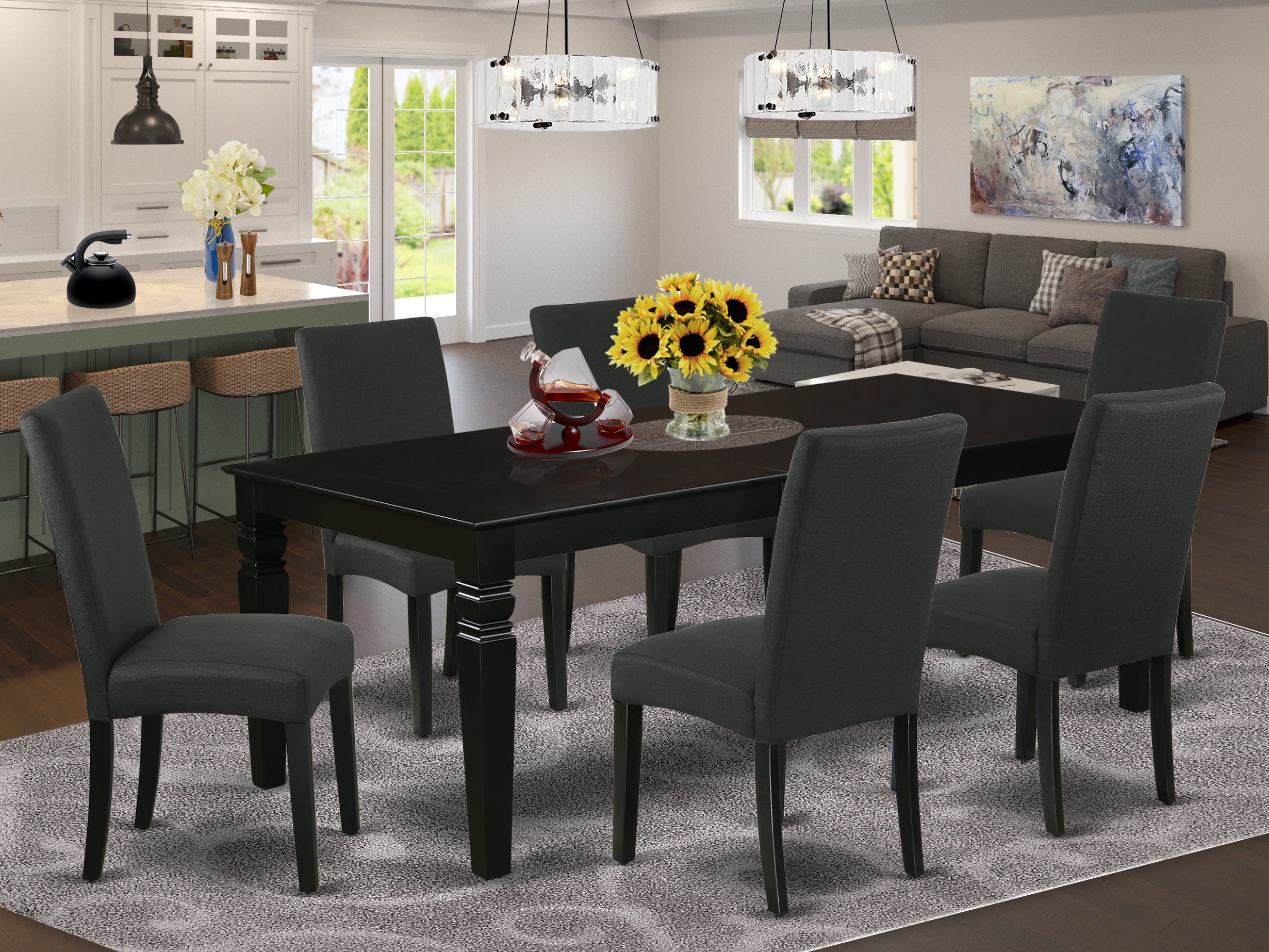 Logan 7 PC 84" Traditional Dining room Table With Leaf And Parson Chairs Set in Black
