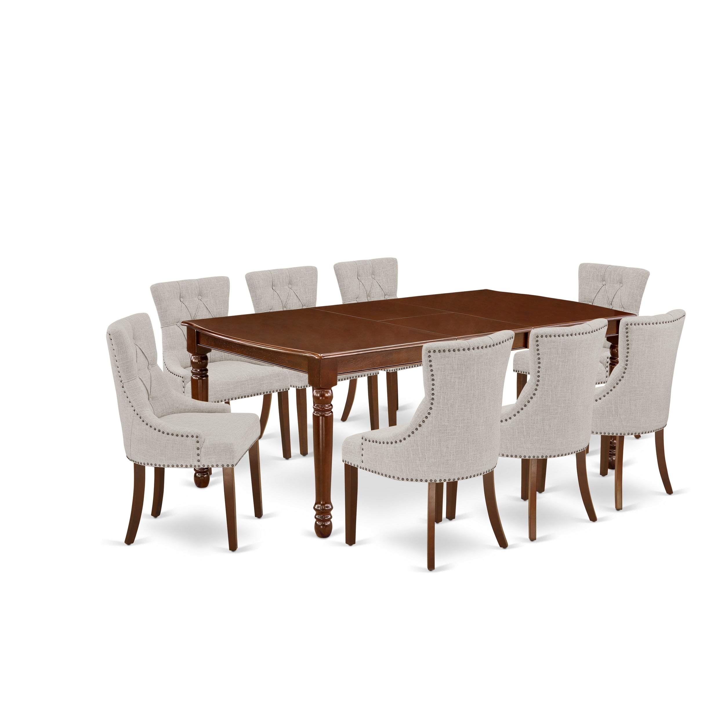 DOFR9-MAH-05 9Pc Dining Set Includes a Rectangle Dinette Table with Butterfly Leaf and Eight Parson Chairs with Doeskin Fabric, Mahogany Finish