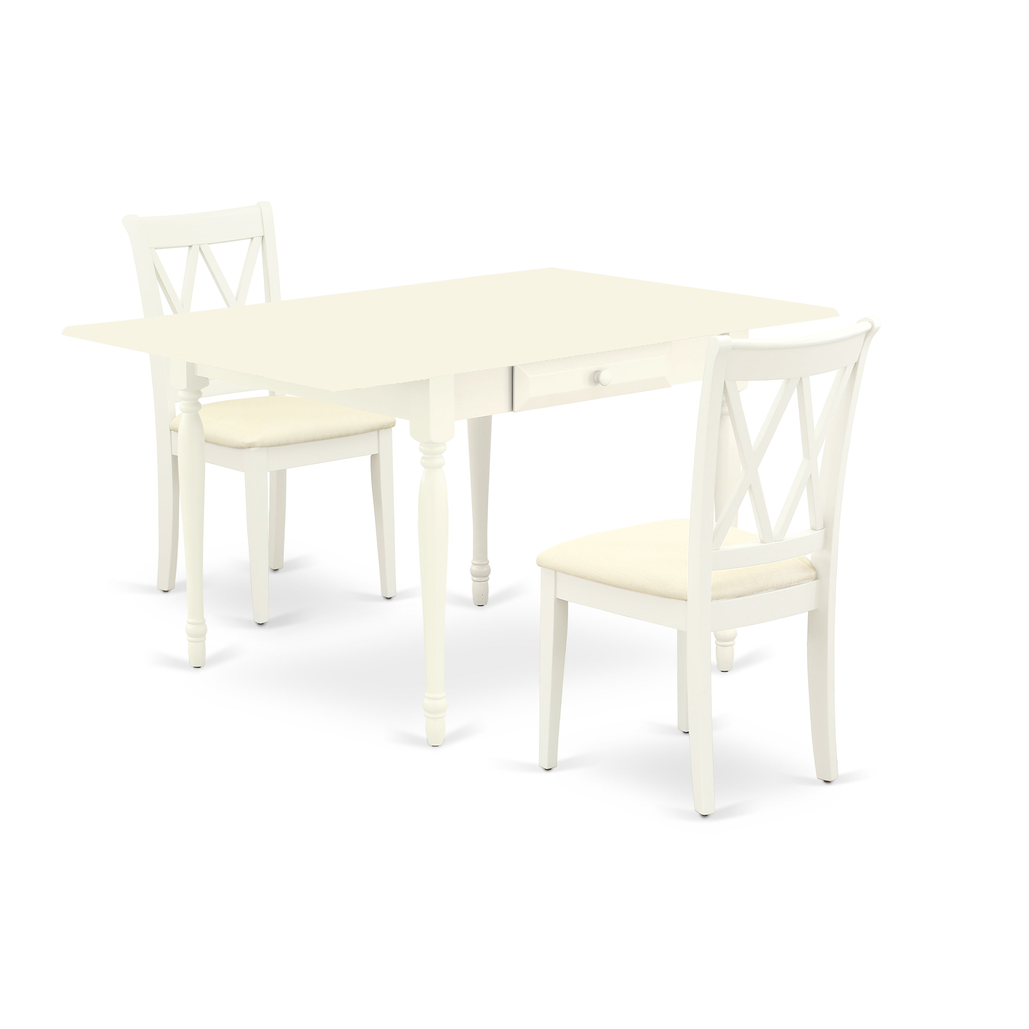 East West Furniture MZCL3-LWH-C 3Pc Dining Table Set Contains a Wood Dining Table and 2 Dining Chairs with Microfiber Upholstery Seat, Drop Leaf Table with Double X Back Chairs, Linen White Finish