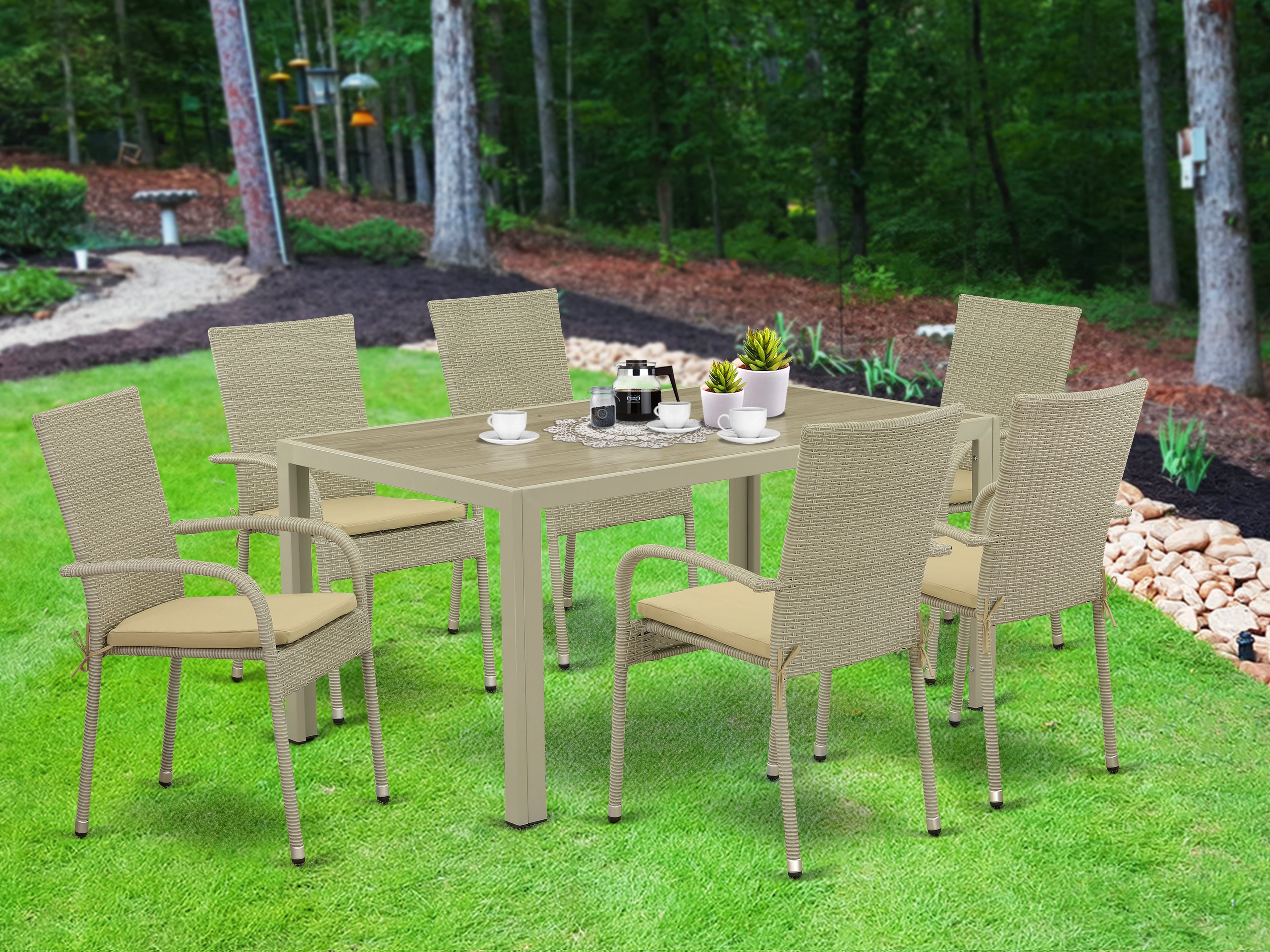 JUGU7-03A 7Pc Outdoor-Furniture Natural Color Wicker Dining Set Includes a Patio Table and 6 Balcony Backyard Armchair with Linen Fabric Cushion