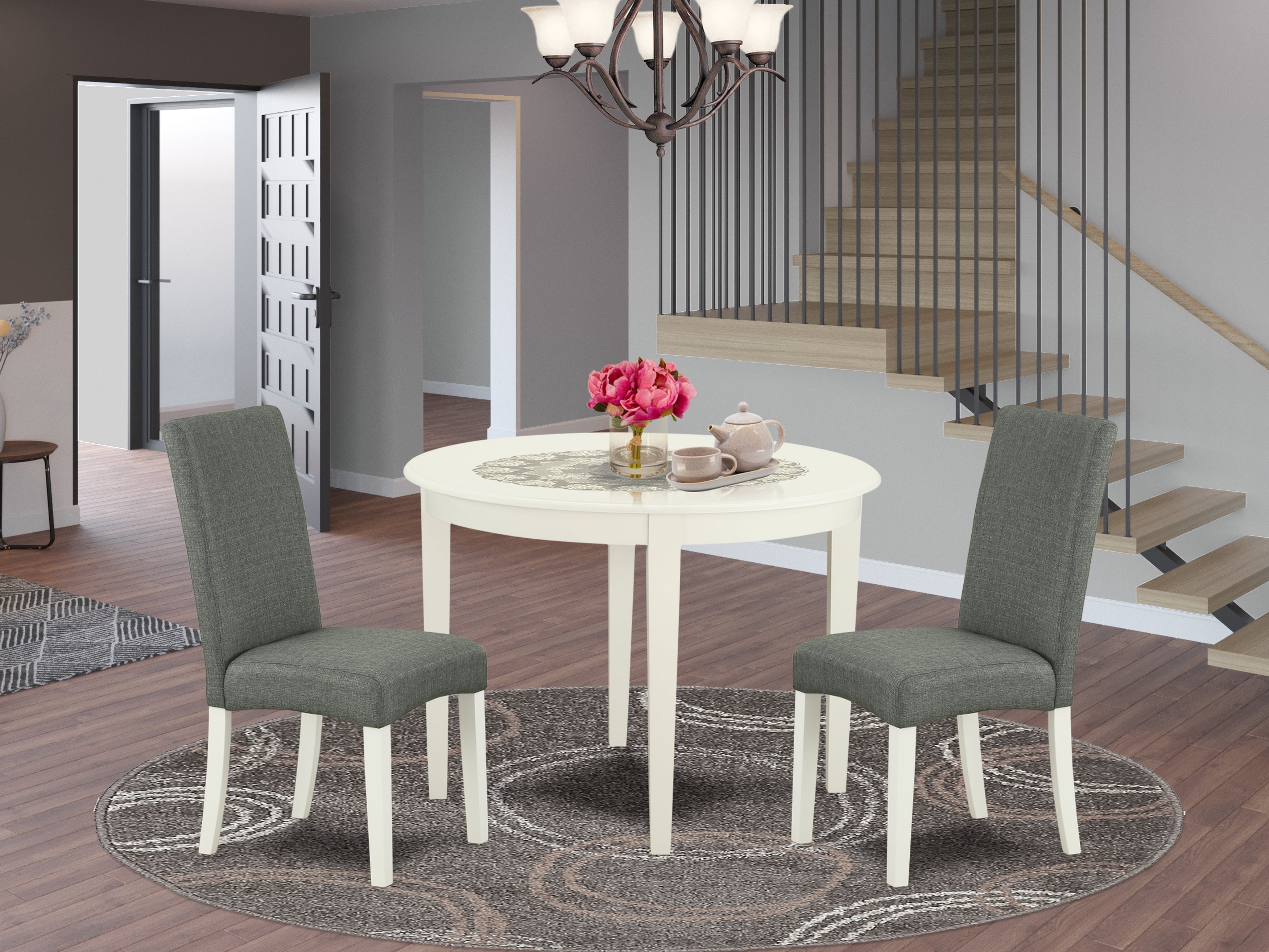 BODR3-LWH-07 3Pc Round 42" Table And Two Parson Chair With Linen White Finish Leg And Linen Fabric- Gray Color