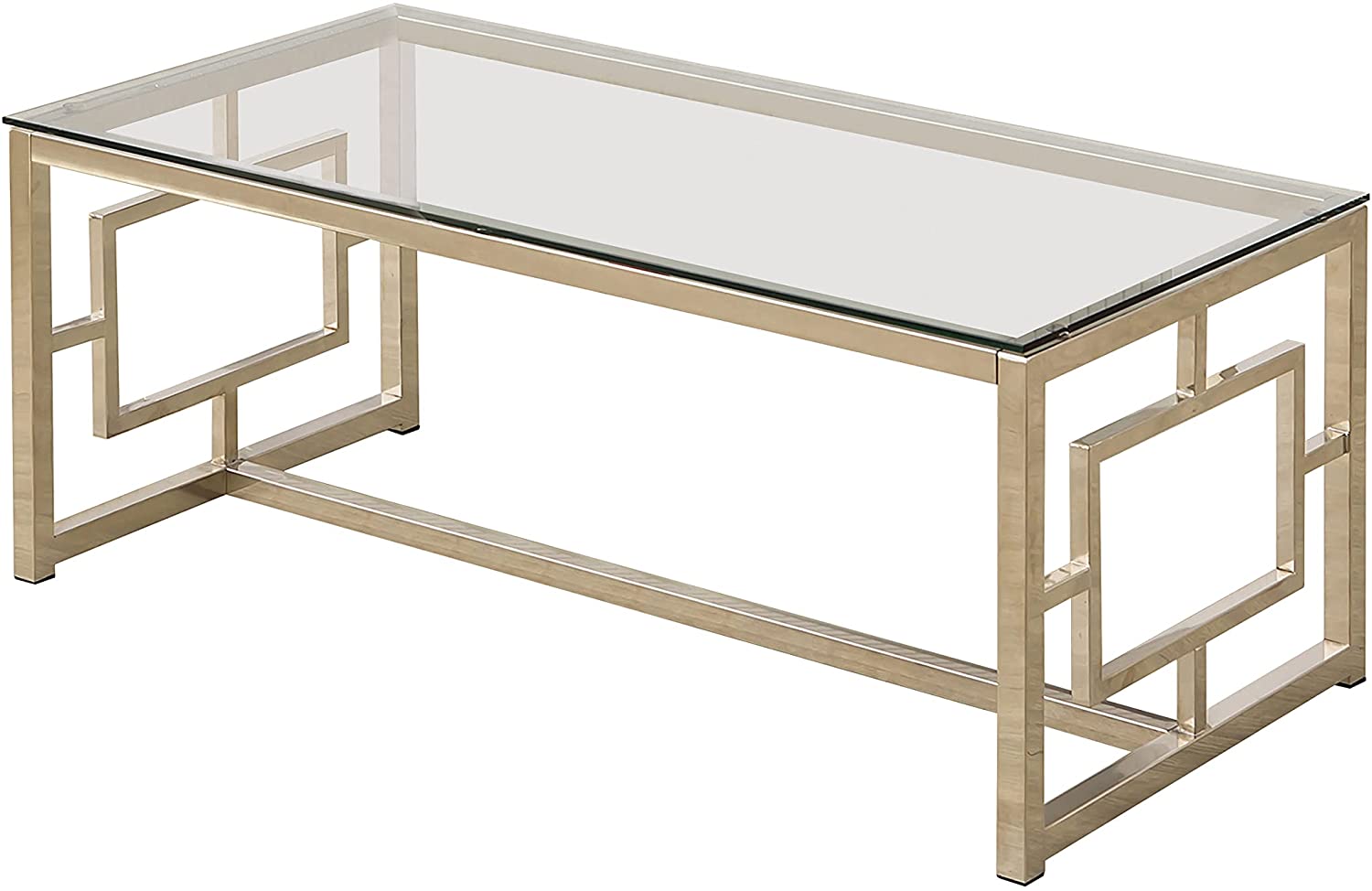 Cairns Coffee Table with Glass Top and Geometric Motif Nickel and Clear