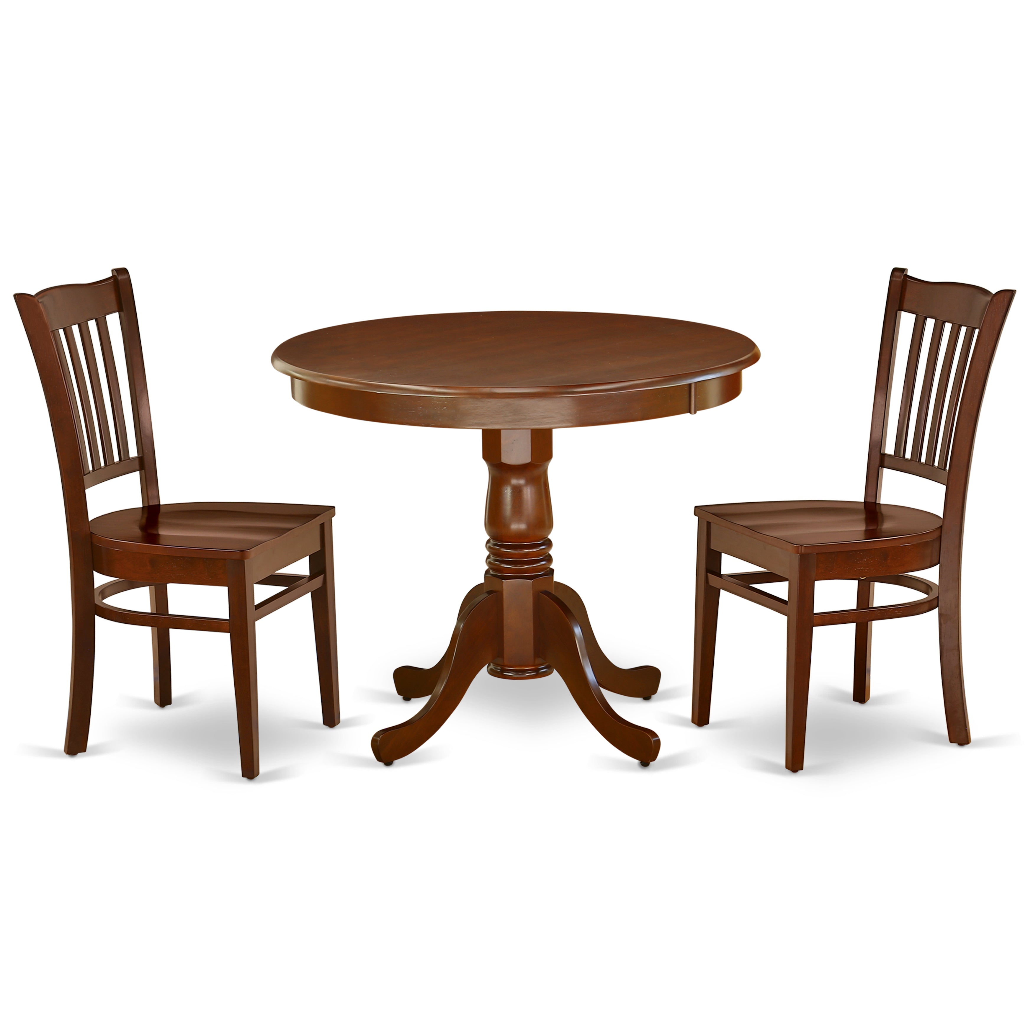 ANGR3-MAH-W 3Pc Rounded 36" Table And 2 Wood Seat Dining Chairs