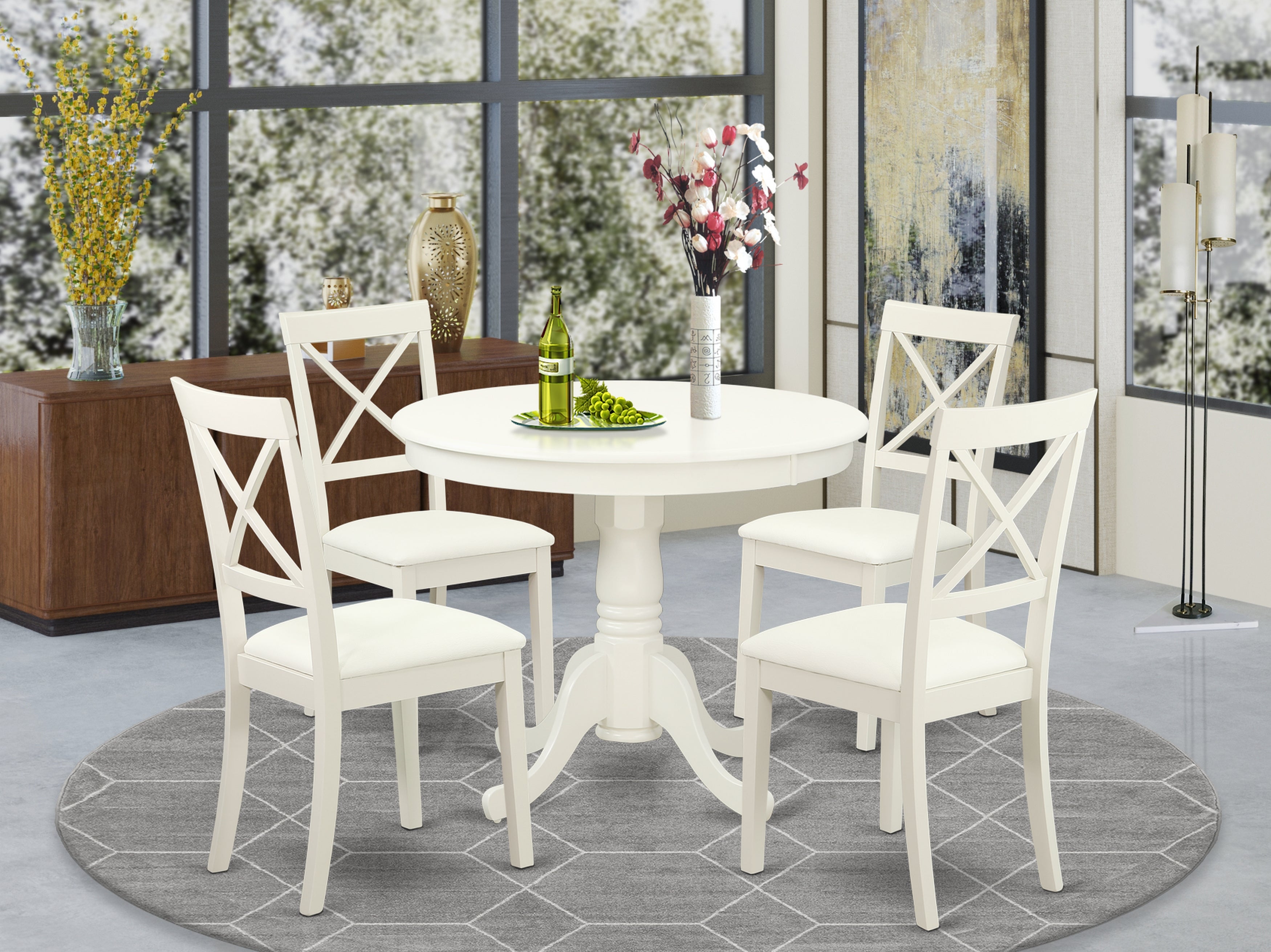 ANBO5-LWH-LC 5 Pc Kitchen table set with a Dining Table and 4 Faux Leather Chairs in Linen White