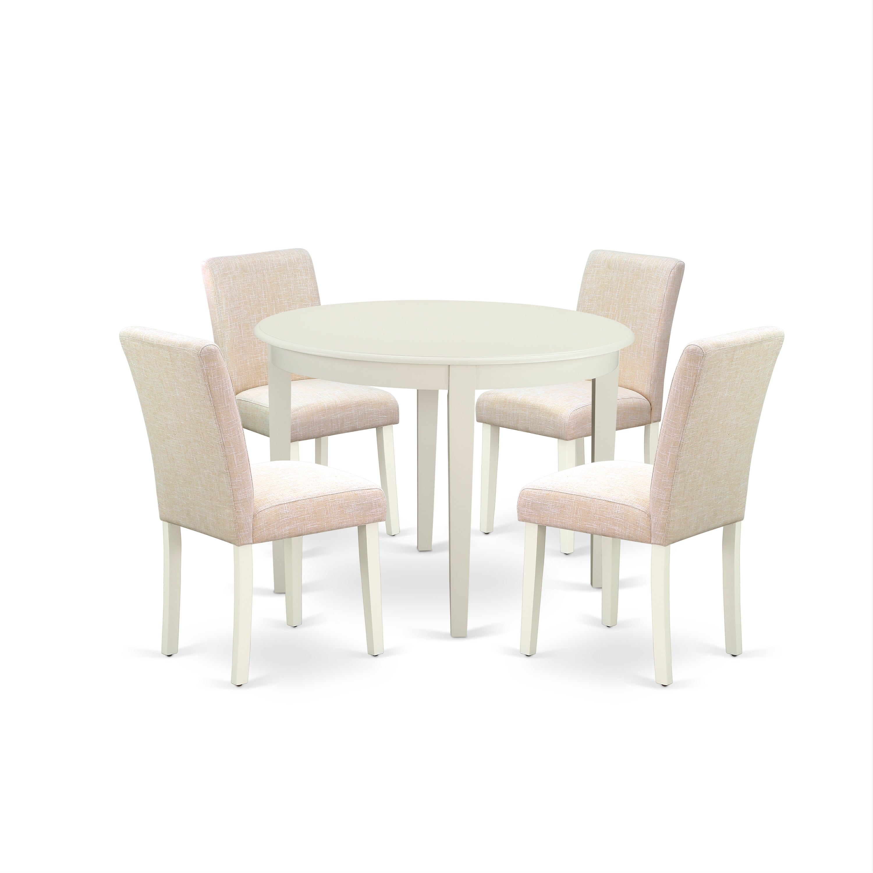 BOAB5-LWH-02 5Pc Round 42" Kitchen Table And Four Parson Chair With Linen White Leg And Linen Fabric Light Beige