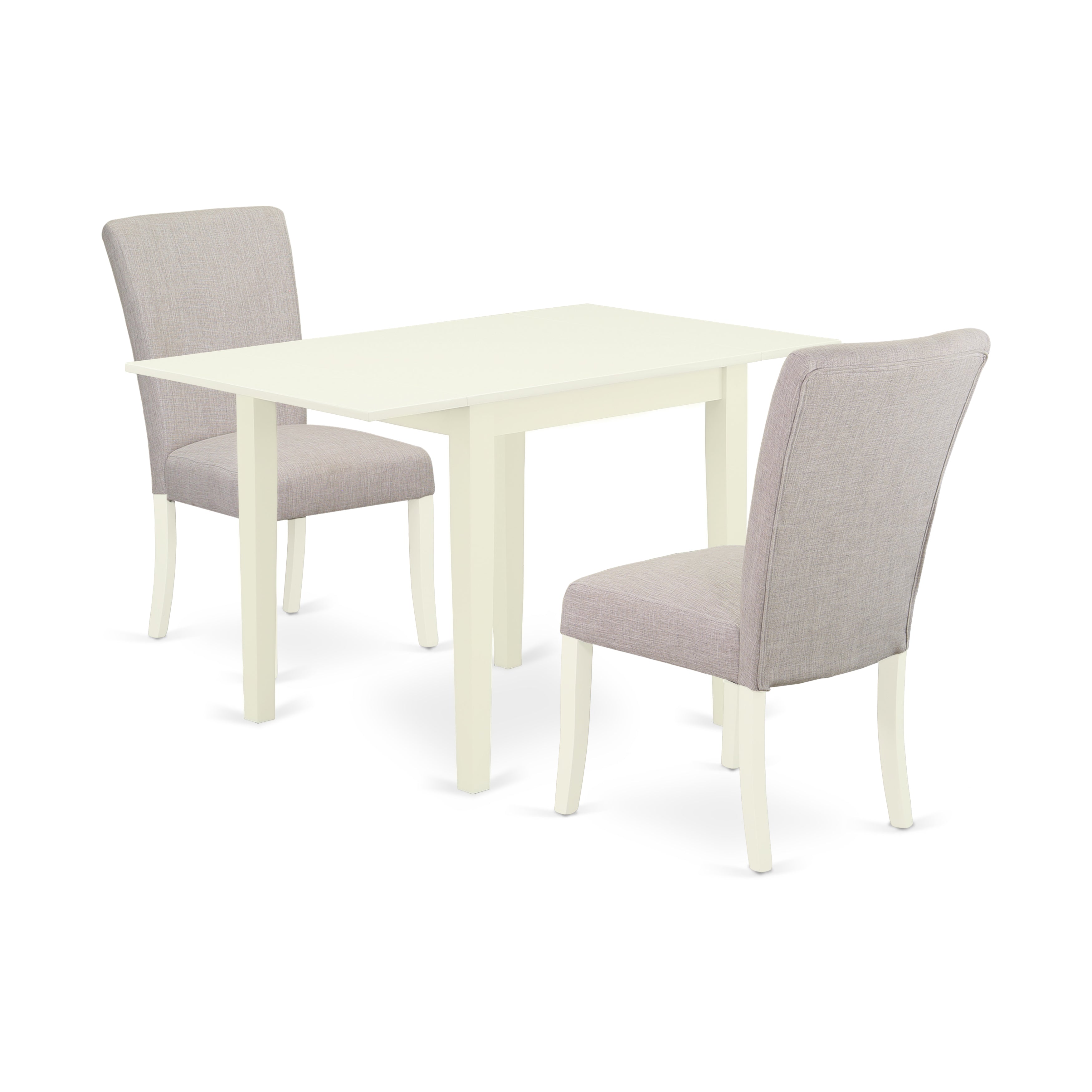 East West Furniture NDAL3-LWH-05 Dining Room Table Set 3 Pc - 2 Kitchen Chairs and a Dinner Table - Linen White Finish Wood - Doeskin Color Linen Fabric