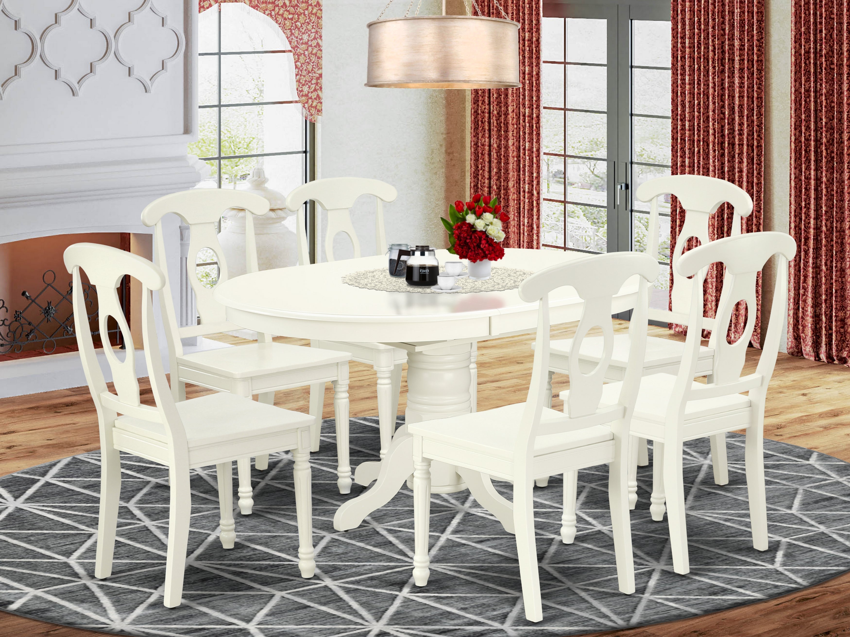 AVKE7-LWH-W 7PC Oval 42/60 inch Table with 18 In Leaf and 6 Panel Back Chairs