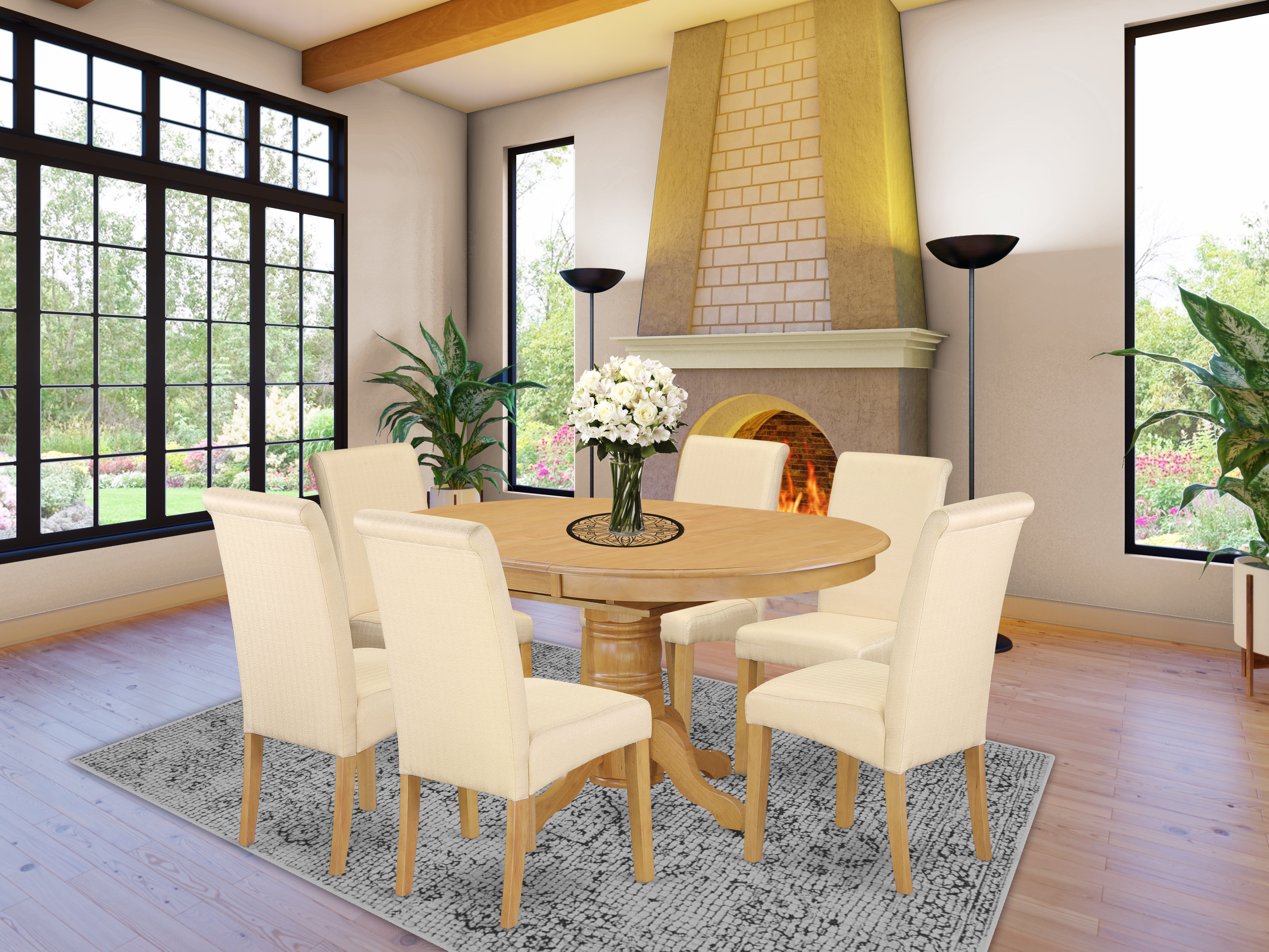 AVBA7-OAK-02 7Pc Oval Dining Room table with linen beige fabric dining chairs with oak chair legs