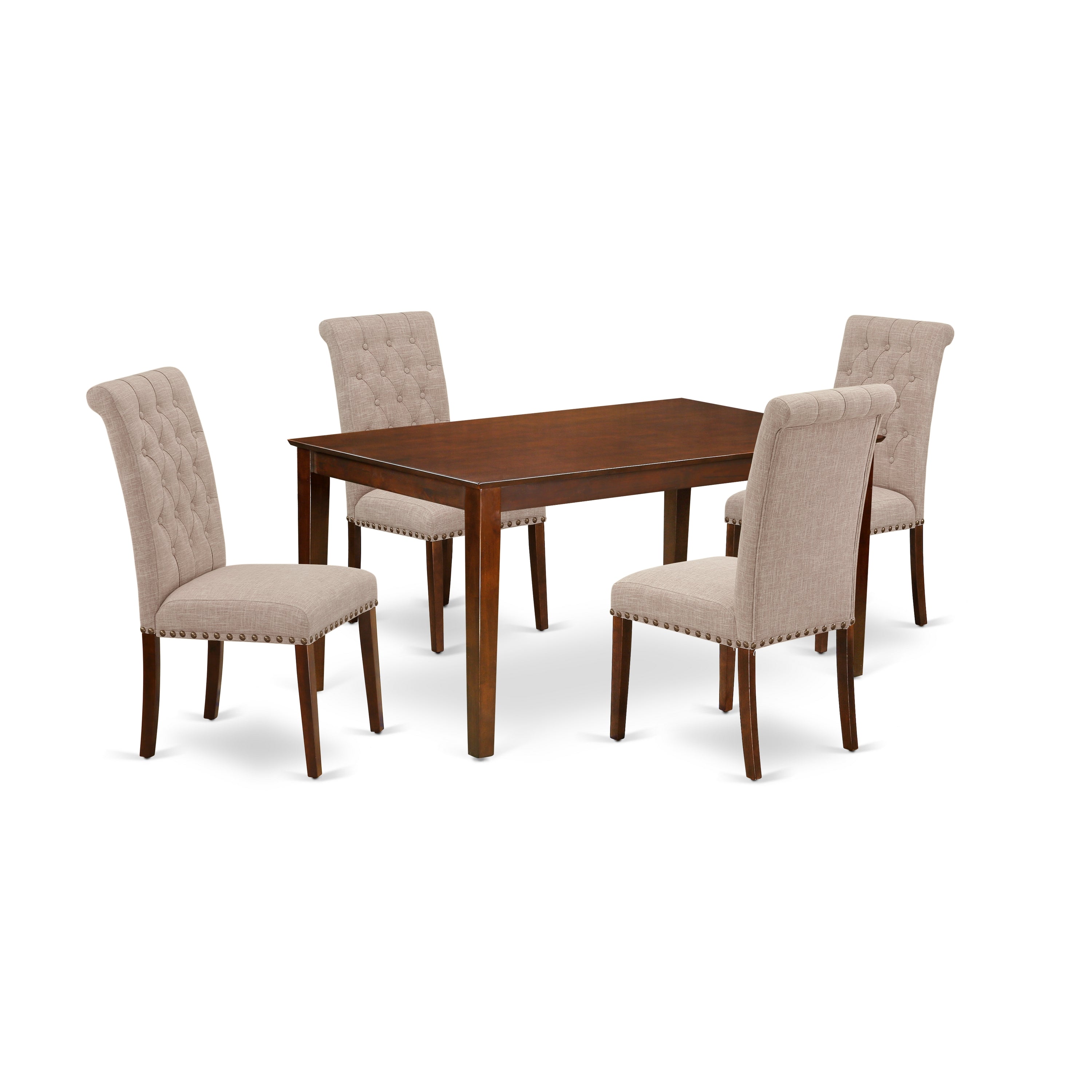 CABR5-MAH-04 5Pc Dining Set Includes a Rectangle Dinette Table and Four Parson Chairs with Light Fawn Fabric, Mahogany Finish