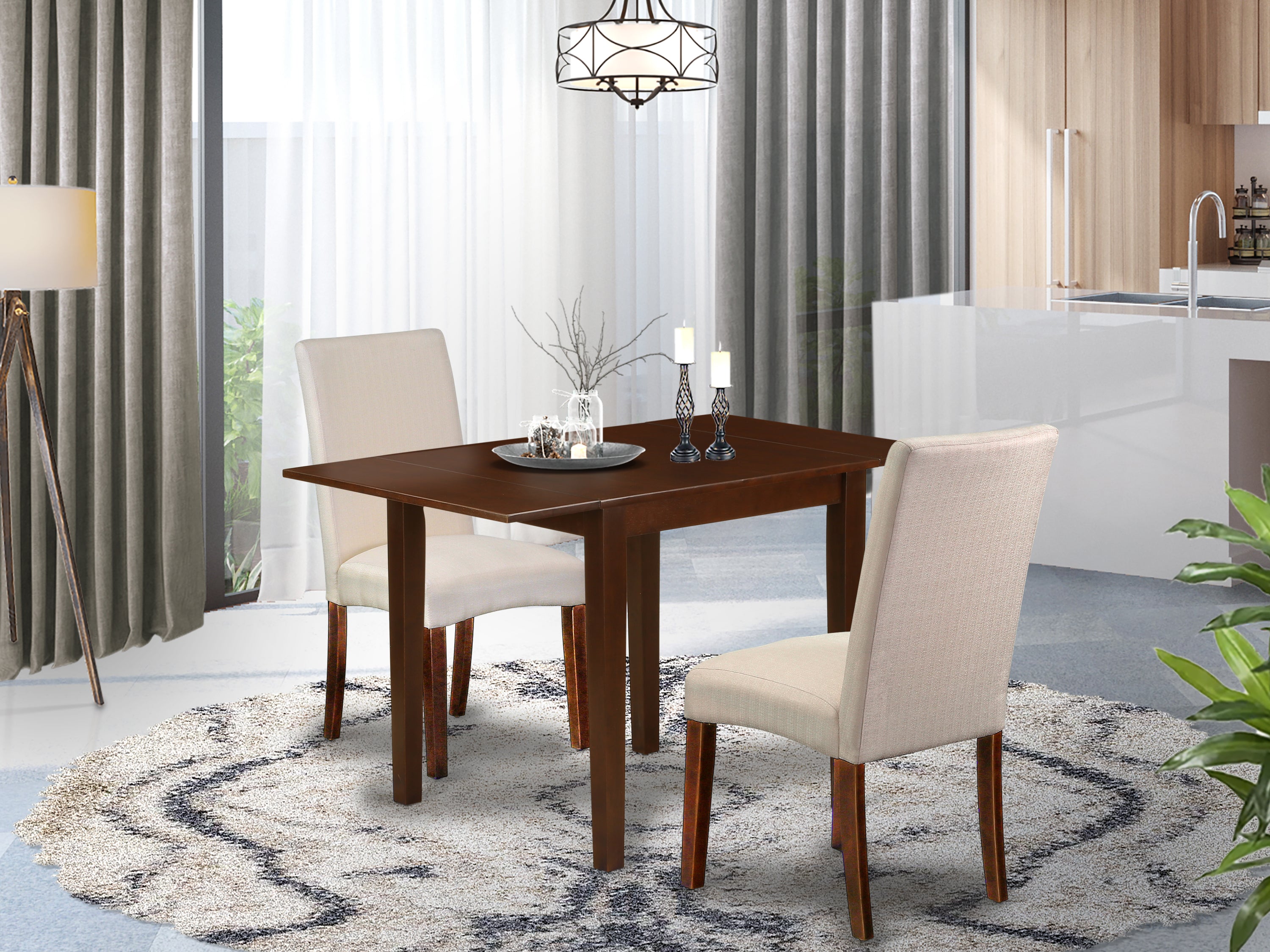 East West Furniture NDDR3-MAH-01 Dinette Set 3 Pcs - 2 Parson Dining Chairs and a Dinner Table - Mahogany Finish Solid wood - Cream Color Linen Fabric