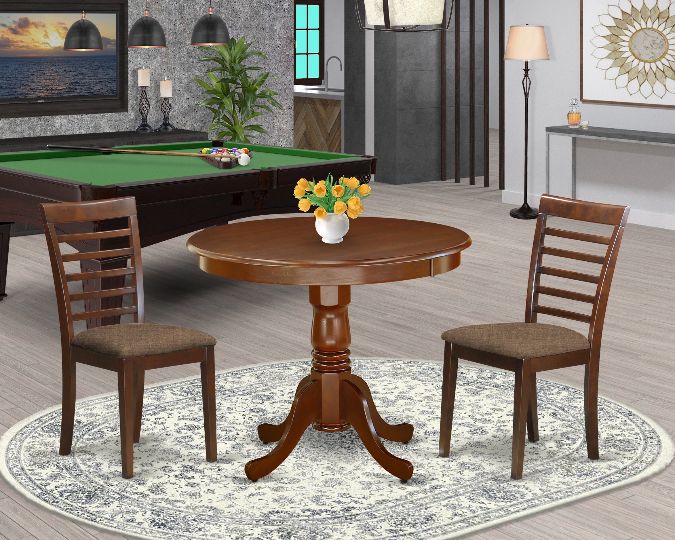 ANML3-MAH-C 3Pc Round 36 Inch Kitchen Table And A Pair Of Microfiber Upholstery Seat Dining Chairs